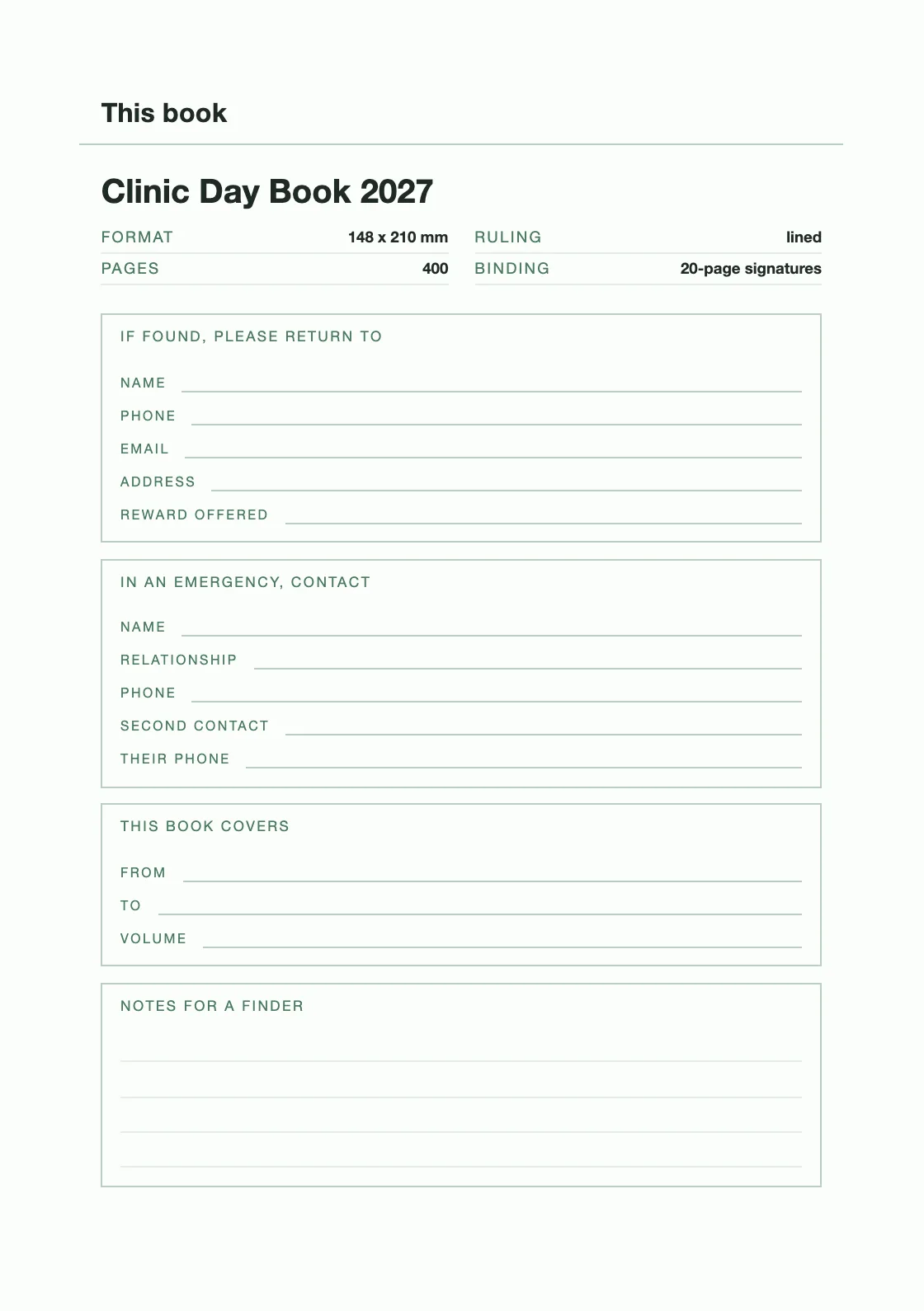 Satu halaman untuk nama dan nomor Anda, supaya buku yang hilang bisa kembali. — Clinic Day Book 2027