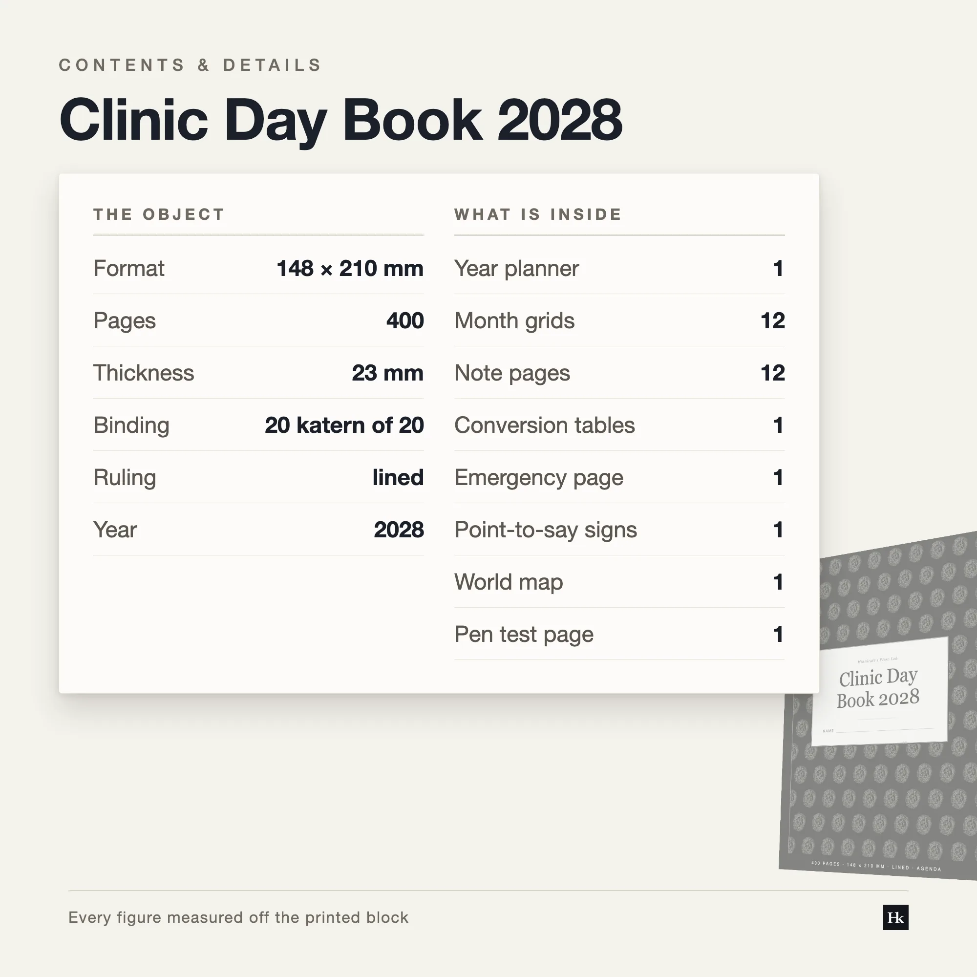 Specification card for the Clinic Day Book 2028: daybook, month, notes and reference pages, four hundred pages total, A5, twenty signatures of twenty.