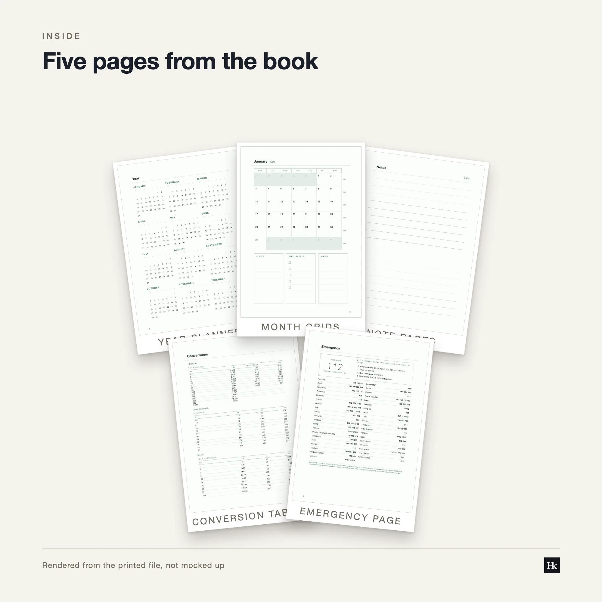 Five pages from the Clinic Day Book 2028 laid out as cards: a four-column daybook page, a month divider, a lined notes page, a year-at-a-glance page, and a reference table.