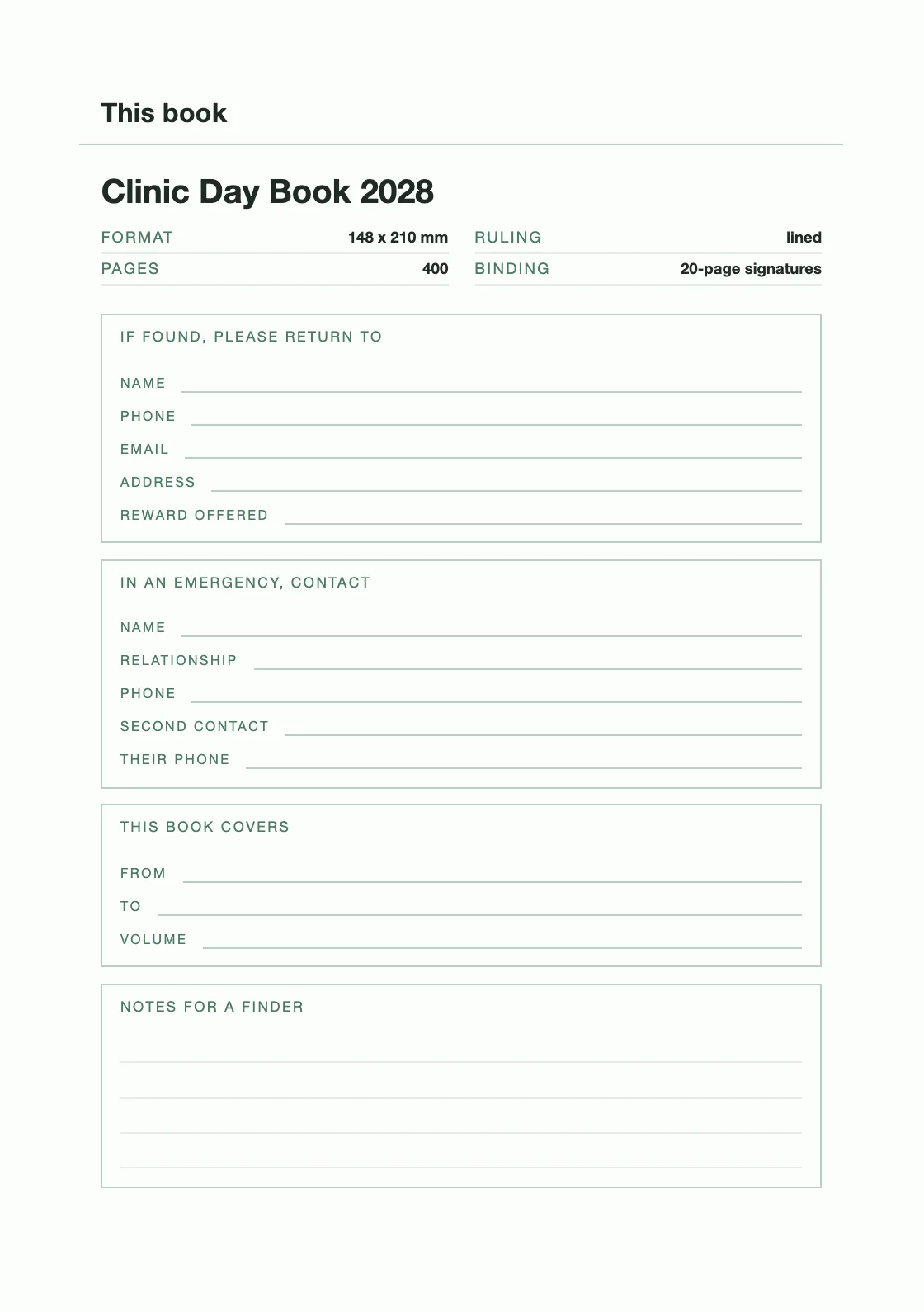 Satu halaman untuk nama dan nomor Anda, supaya buku yang hilang bisa kembali. — Clinic Day Book 2028