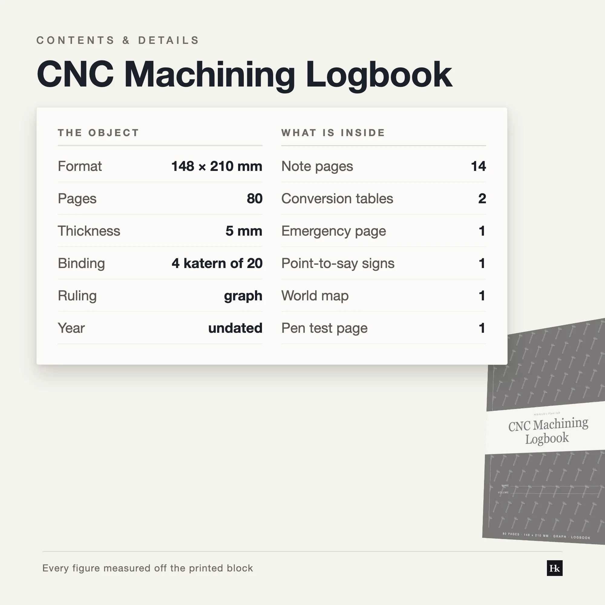 Specification card for the CNC Machining Logbook: day book, job cards, graph notes, and reference pages, 80 pages total, A5, four signatures of twenty.