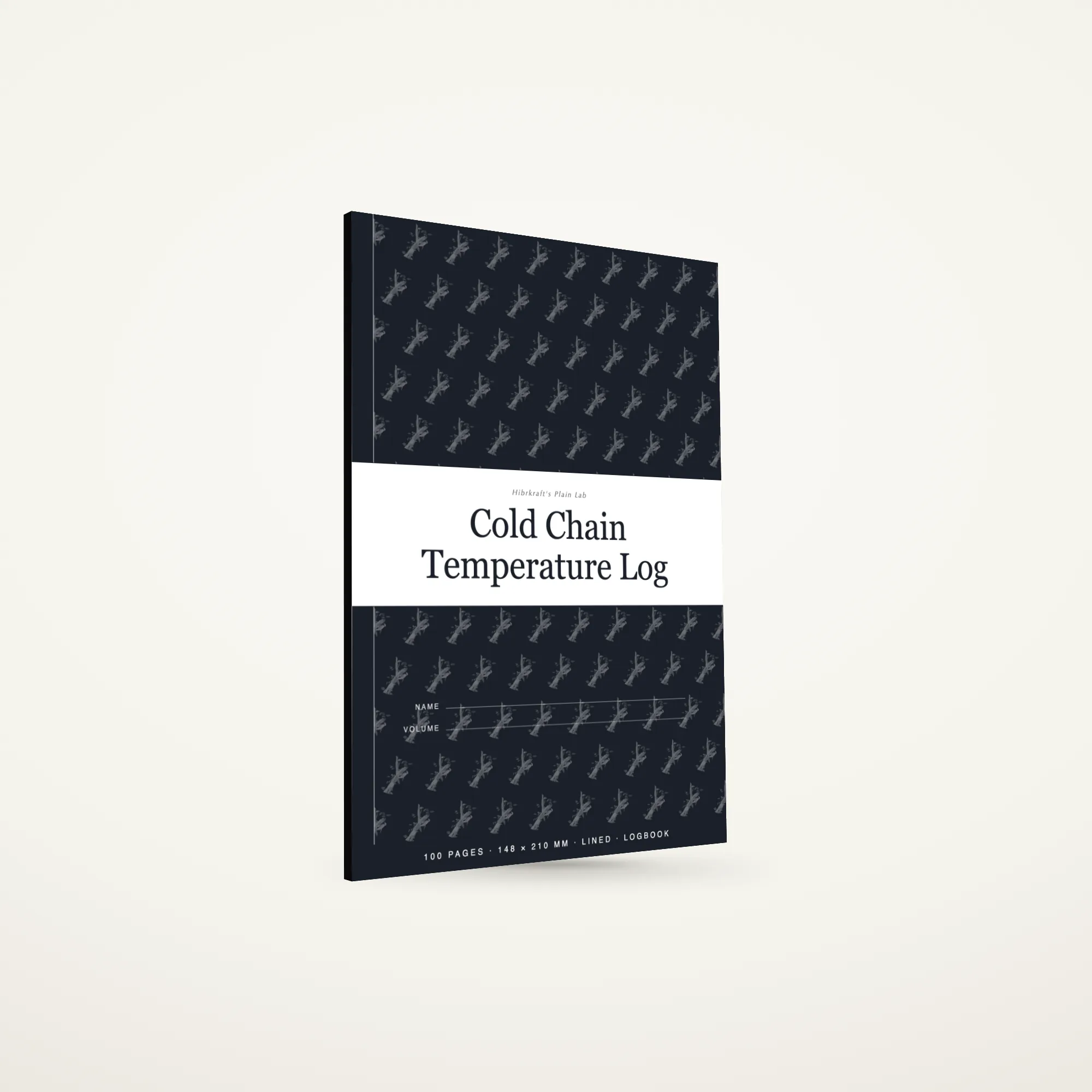 Cold Chain Temperature Log A5 berdiri tertutup di atas permukaan polos, sampul gelap dengan pita selebar halaman dan motif perkakas, tebal sekitar enam milimeter.