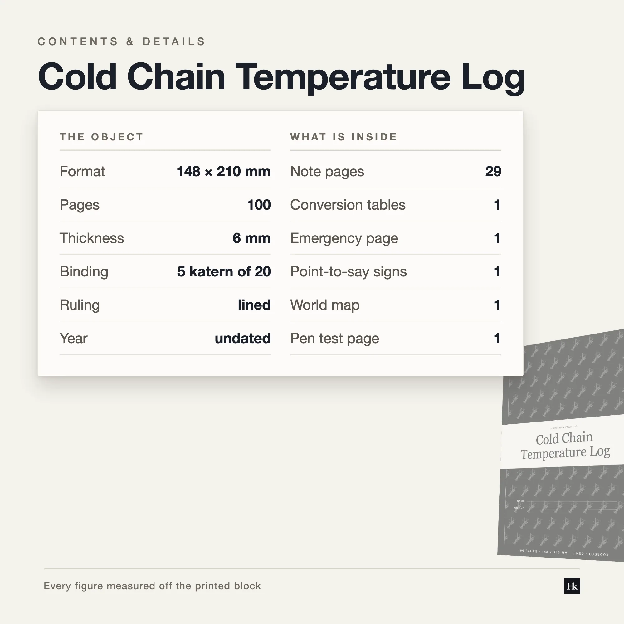 Specification card listing the Cold Chain Temperature Log contents: 60 log pages, 29 note pages, 100 pages total, A5 trim, five signatures of twenty.