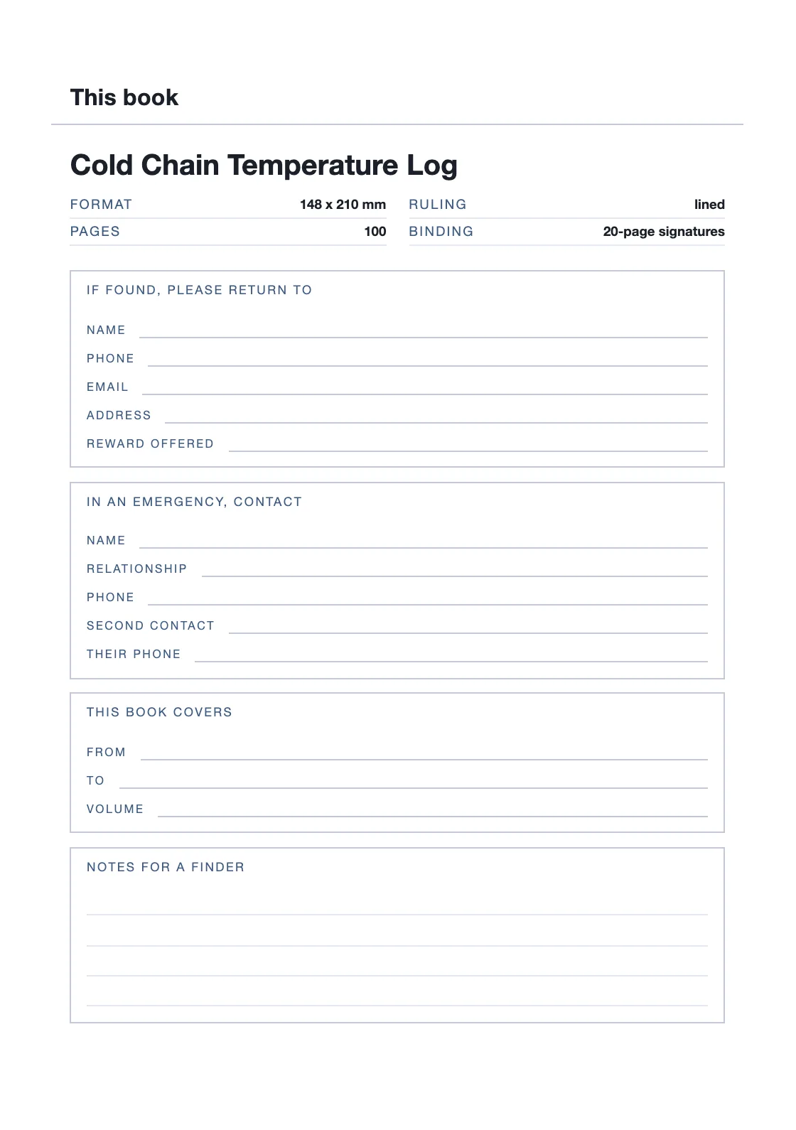 One page for your name and number, so a book that goes missing can come back. — Cold Chain Temperature Log