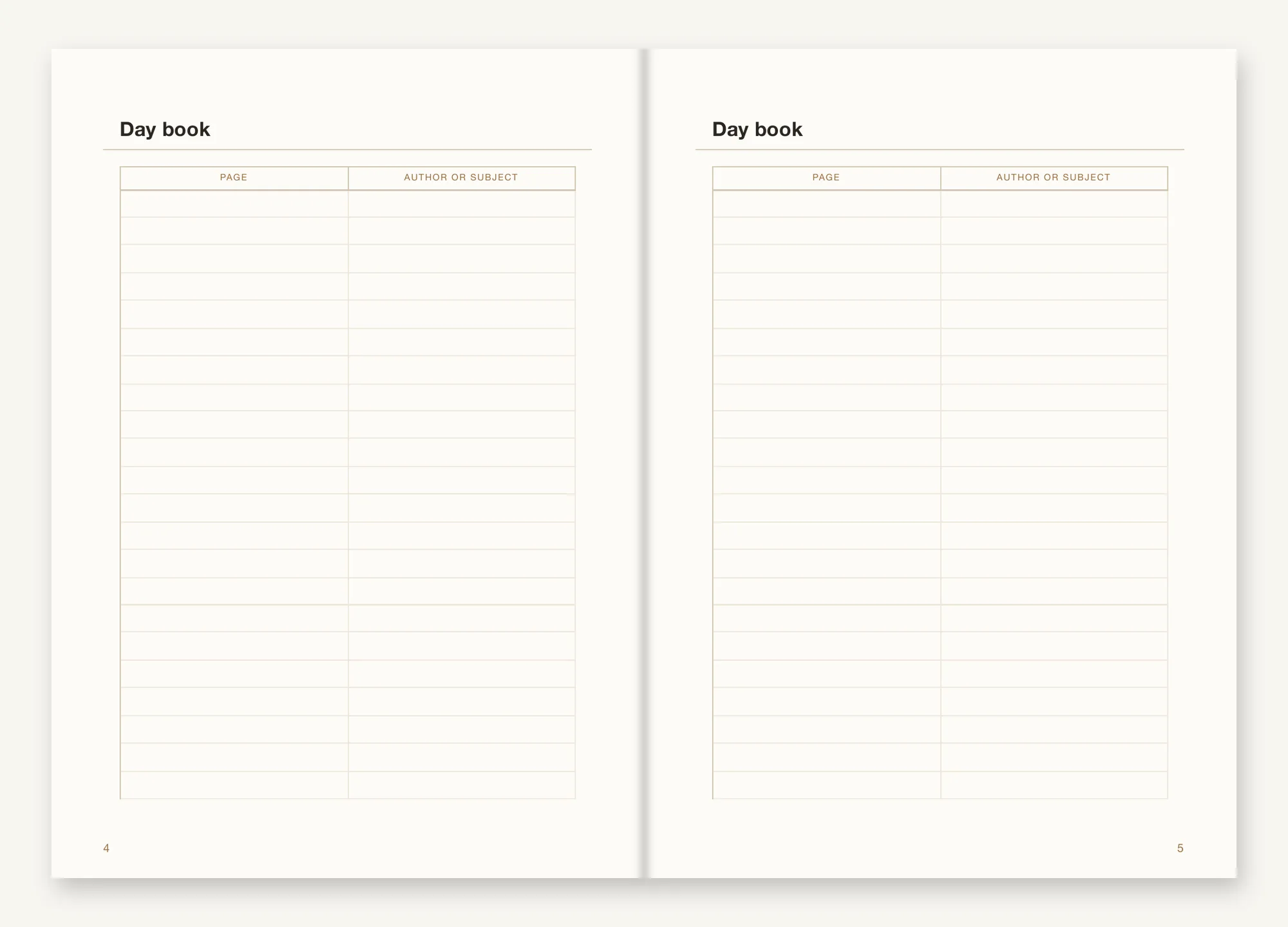 An opening of Commonplace Insert: two facing index pages headed Day book, ruled into a table with page and author-or-subject columns, ready for entries to be indexed as they are written.