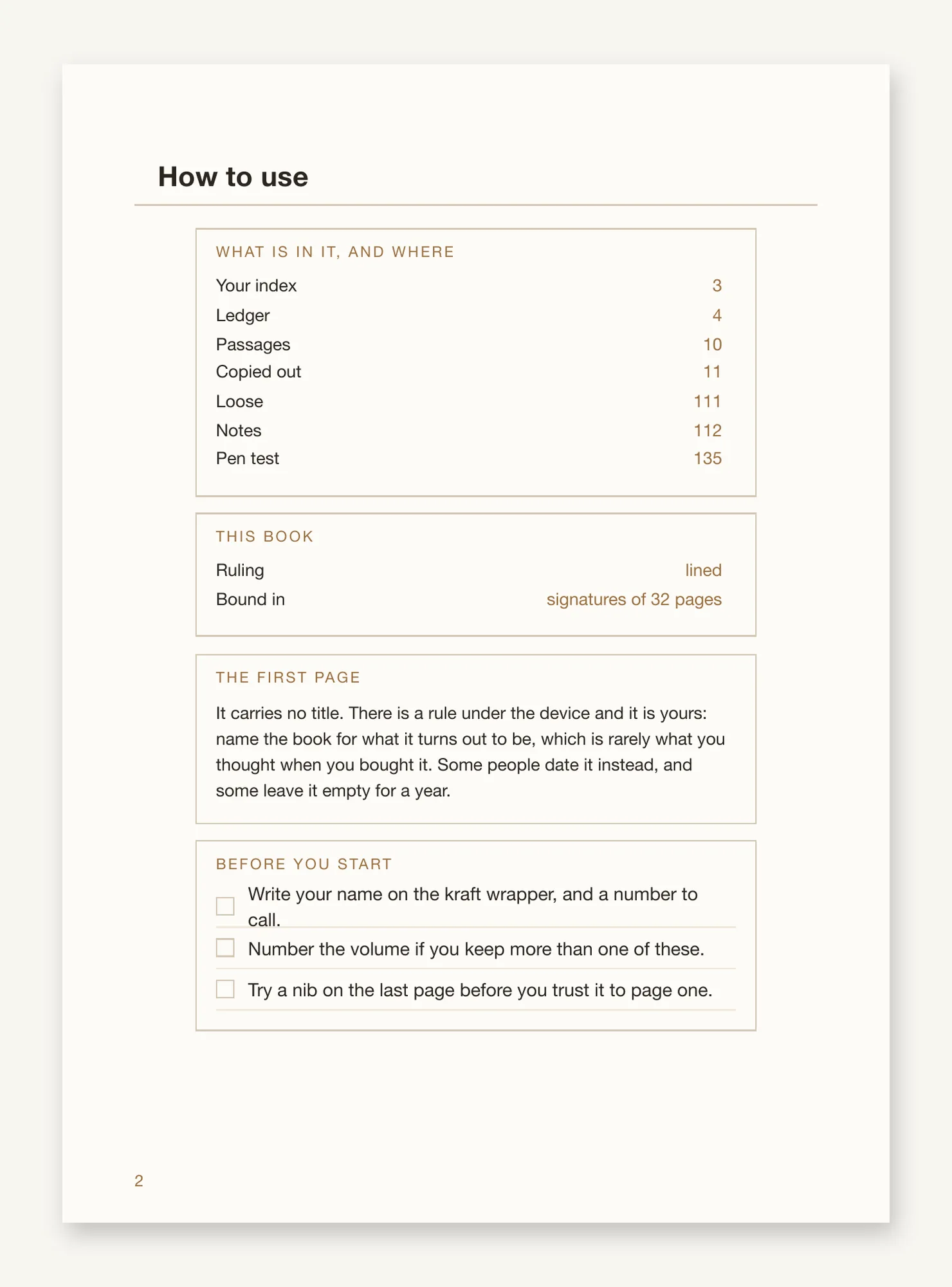 The front matter page, listing the index and the ruled pages with their starting points, the ruling and the signature count, and a checklist before you start.