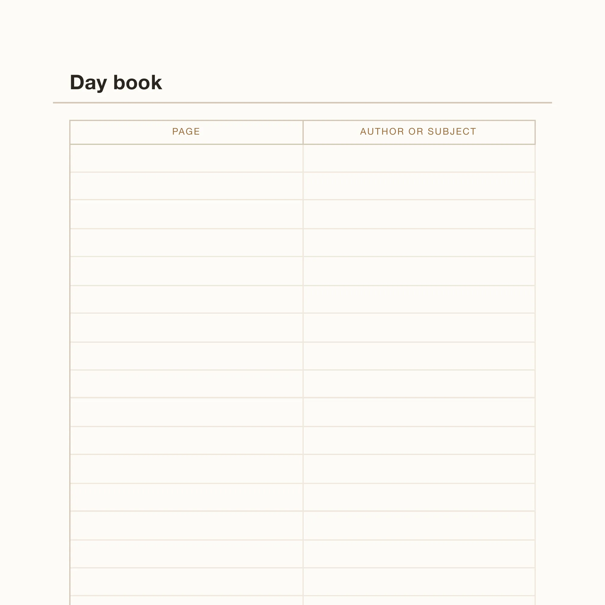 A close view of the ruled pages that follow the index, the lines evenly spaced across the full width.