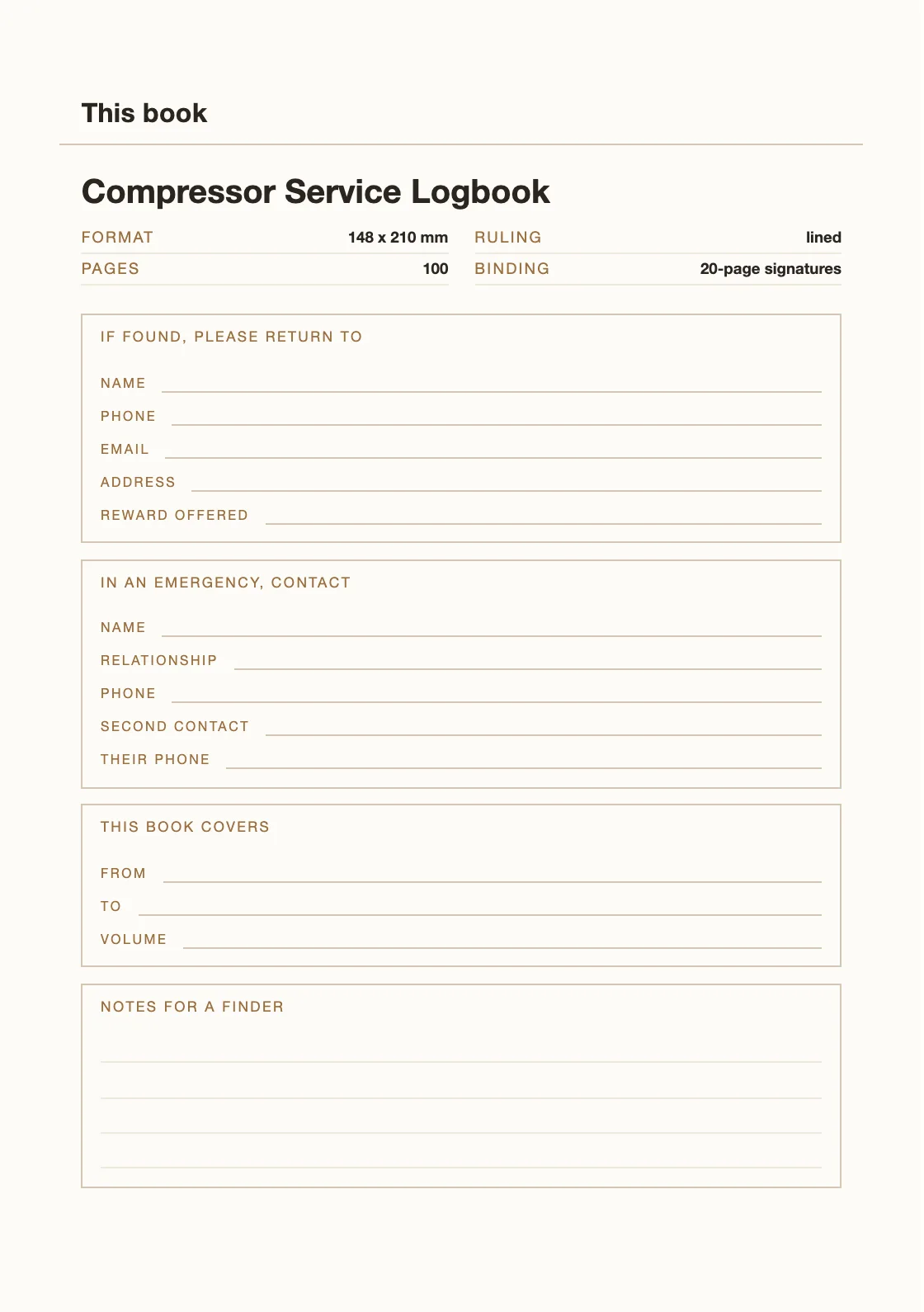 Uma página para o seu nome e número, para que um livro perdido possa voltar. — Compressor Service Logbook