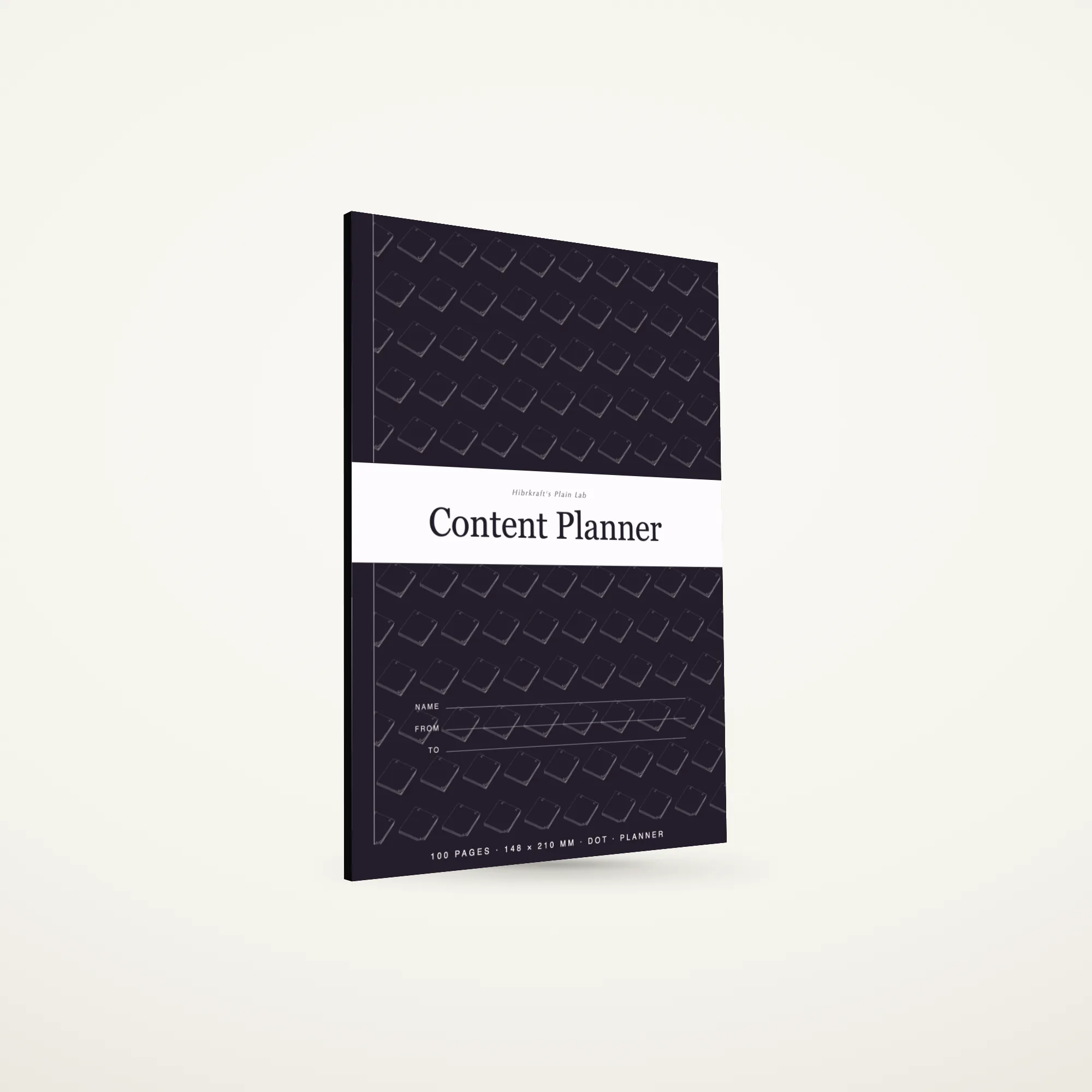 A5 Content Planner standing closed, dark plum band cover with a library-shelf motif reversed out in near-white, just over five and a half millimetres thick.