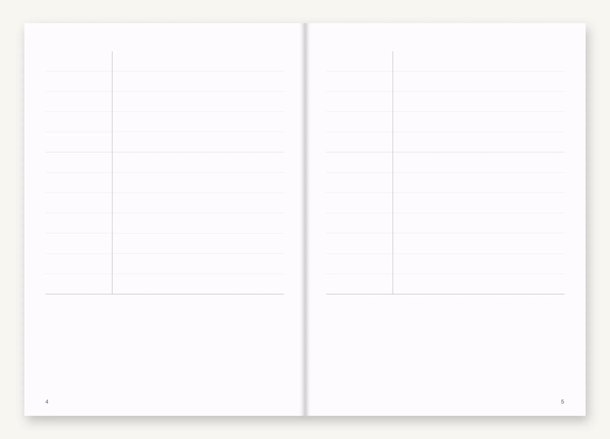 An opening of Cornell Insert: two facing white pages, each divided by a vertical rule that cuts a narrow cue column off the left, and a horizontal rule near the foot that closes off a summary strip.