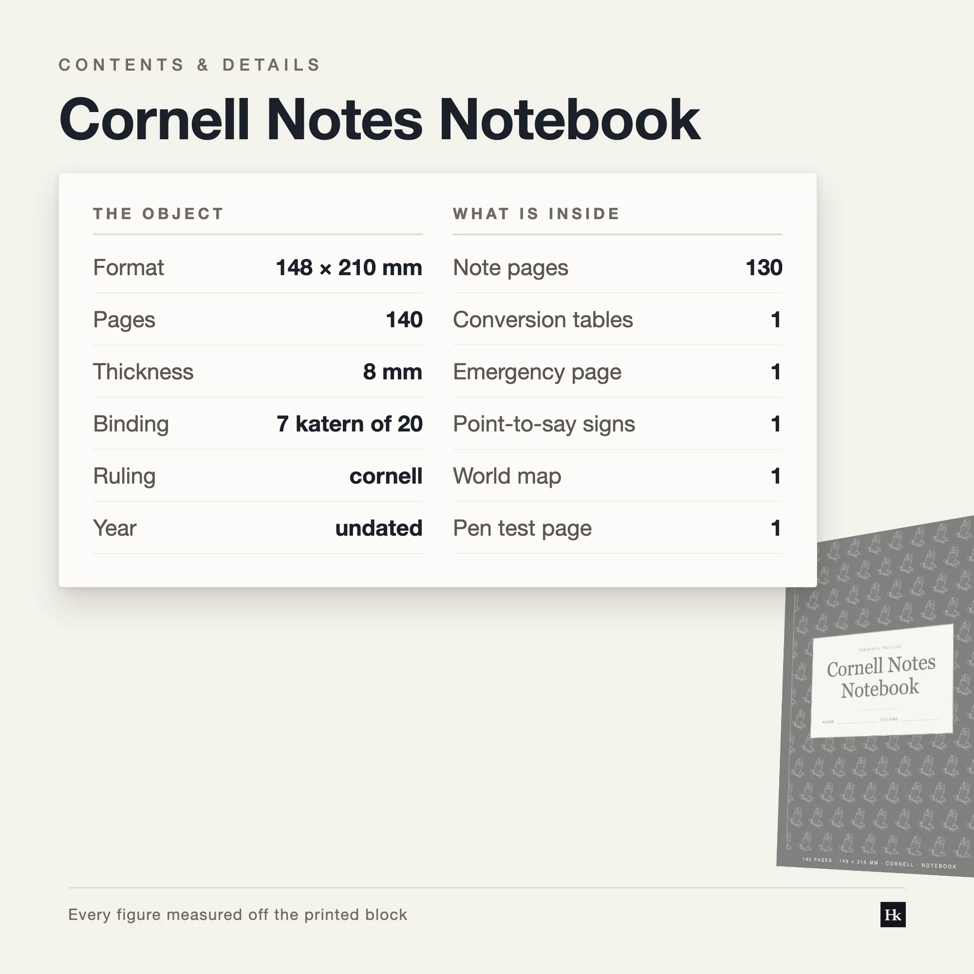 Specification card for the Cornell Notes Notebook: A5 at 148 by 210 mm, 140 pages, 8 mm thick, seven signatures of twenty, cornell ruling, undated, and 130 note pages.