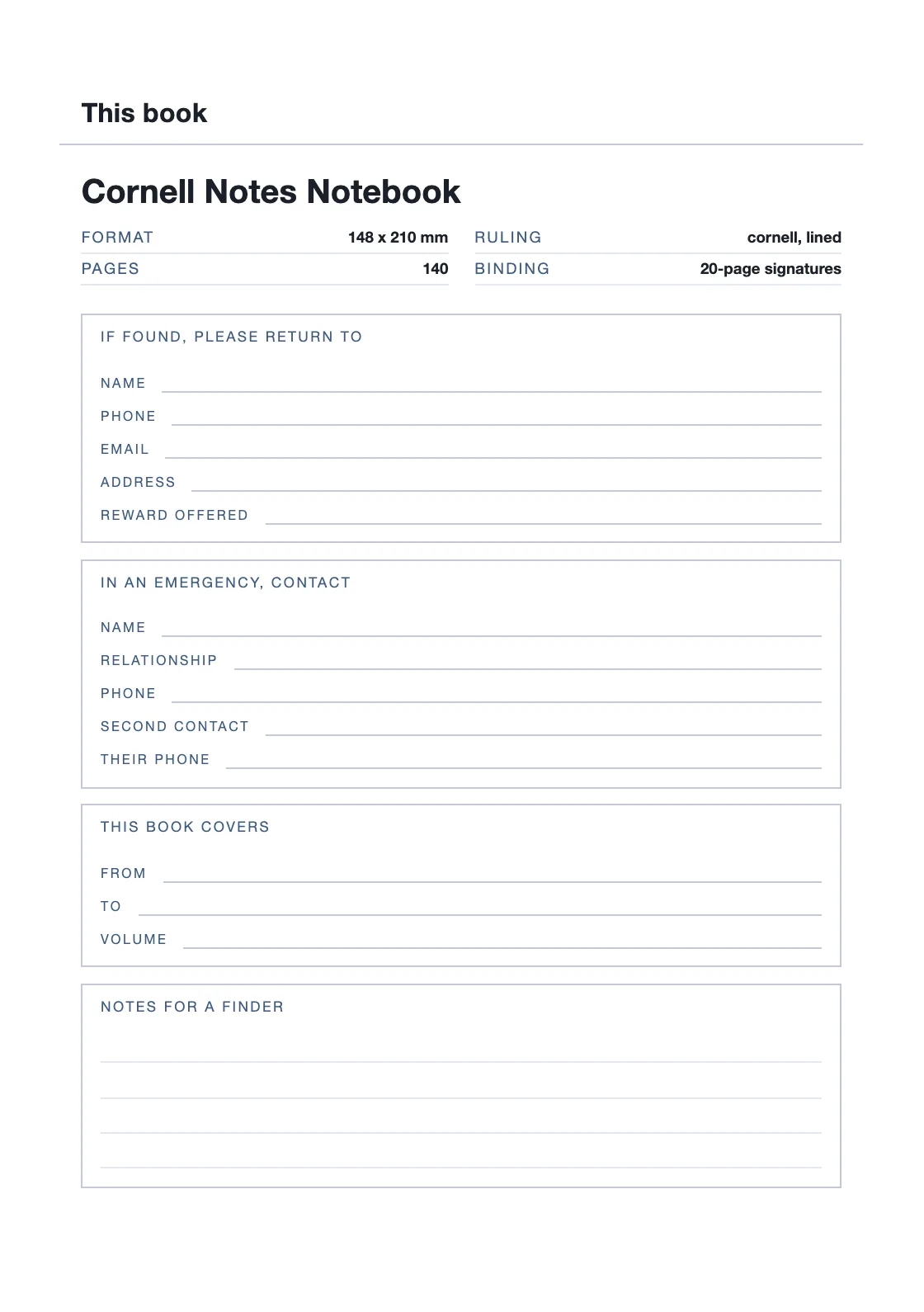 Satu halaman untuk nama dan nomor Anda, supaya buku yang hilang bisa kembali. — Cornell Notes Notebook