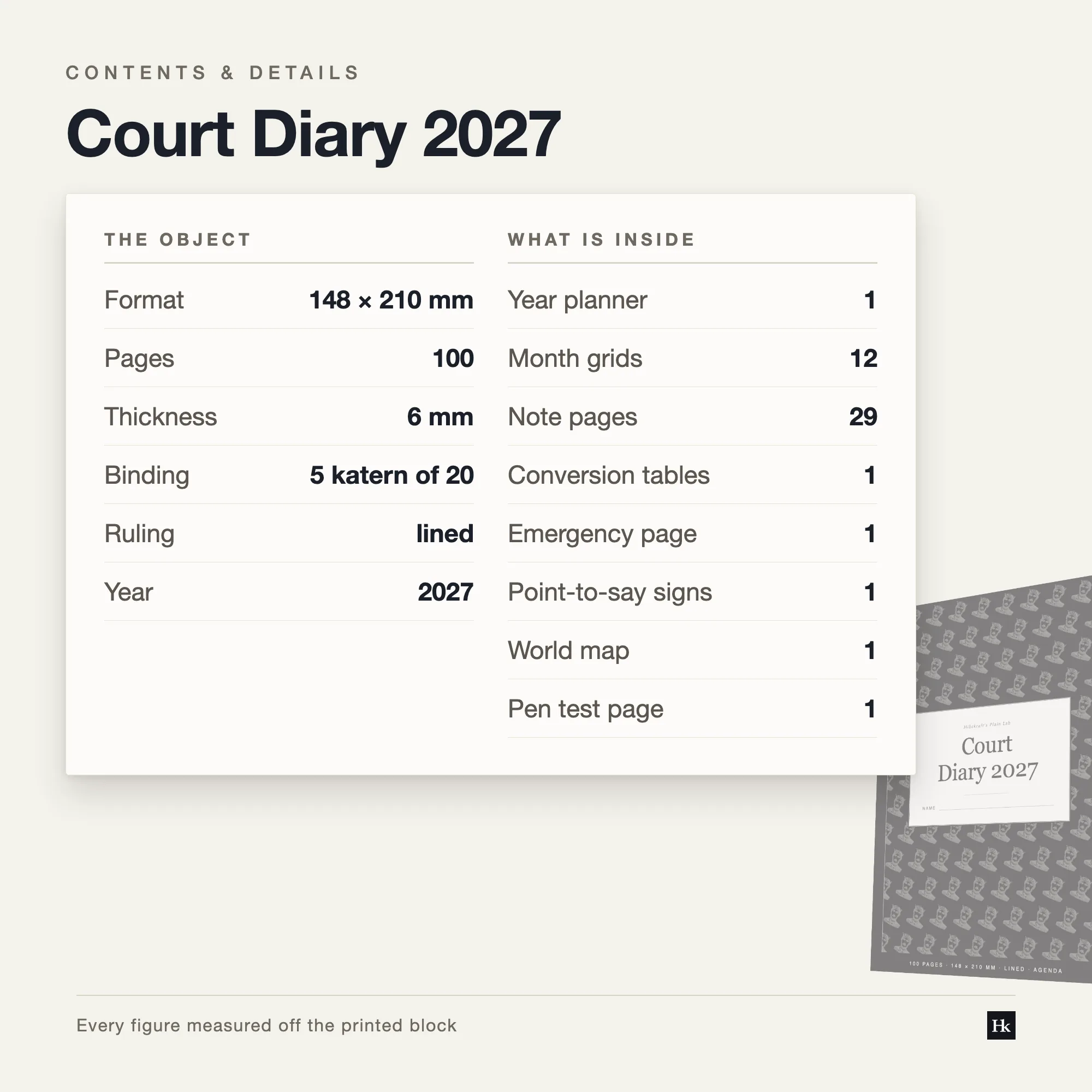 Specification card listing the Court Diary 2027 contents: Hearings pages, month pages, notes pages, 100 pages total, A5 trim, five signatures of twenty.