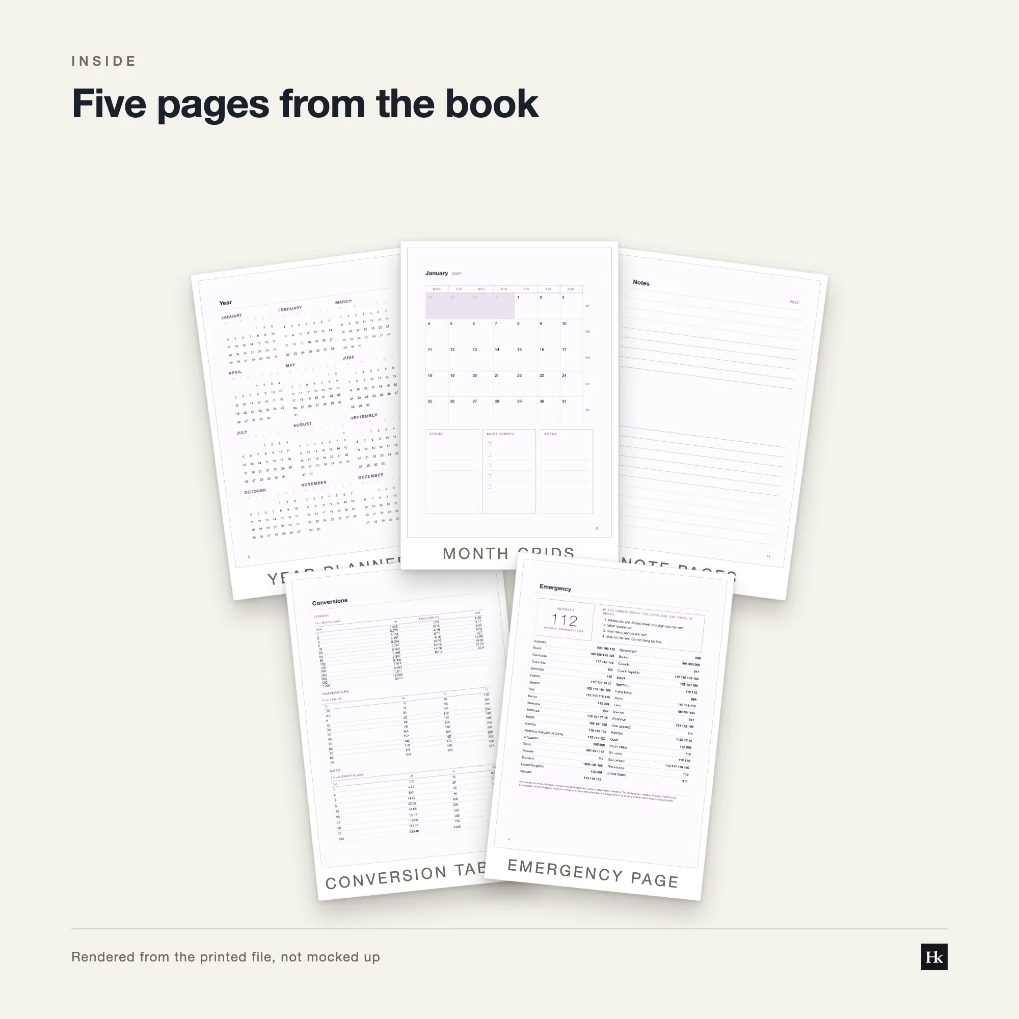 Five pages from the Court Diary 2027 laid out as cards: a four-column Hearings page, a month page, a year page, a notes page, and the pen test page.