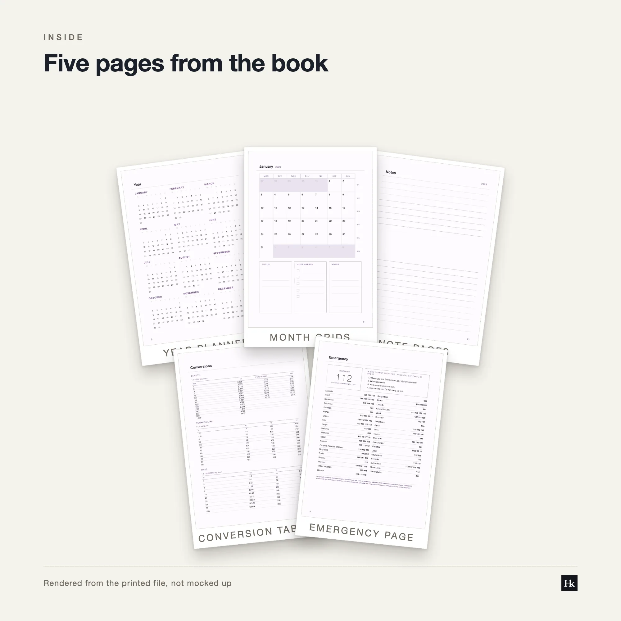 Five pages from the Court Diary 2028 laid out as cards: a four-column Hearings page, a month page, a year page, a notes page, and the pen test page.
