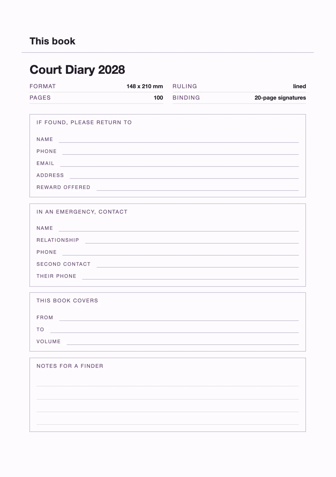 Satu halaman untuk nama dan nomor Anda, supaya buku yang hilang bisa kembali. — Court Diary 2028