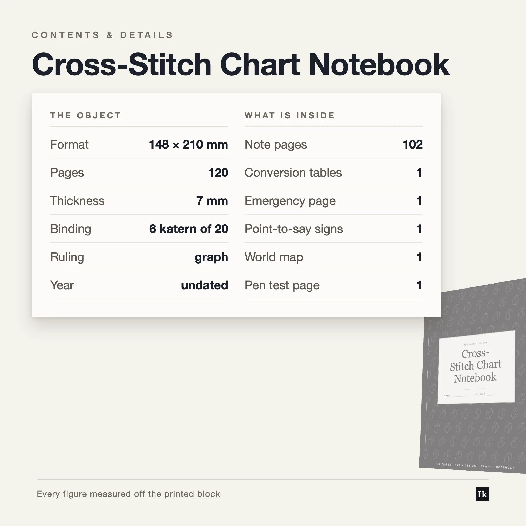 Specification card for the Cross-Stitch Chart Notebook listing 8 materials pages, 102 charting pages, 2.0 mm grid, 120 pages total, A5 trim.