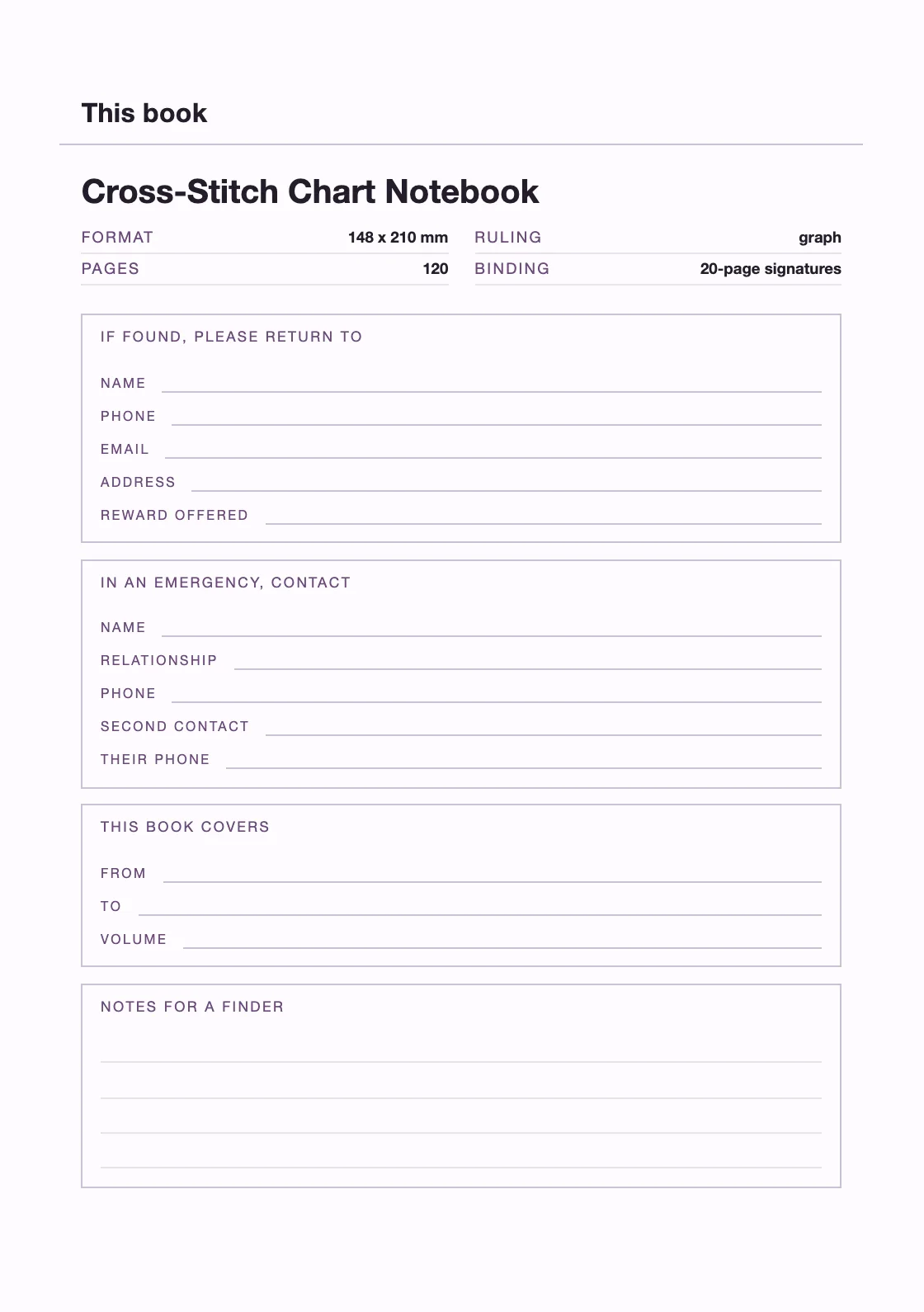 One page for your name and number, so a book that goes missing can come back. — Cross-Stitch Chart Notebook