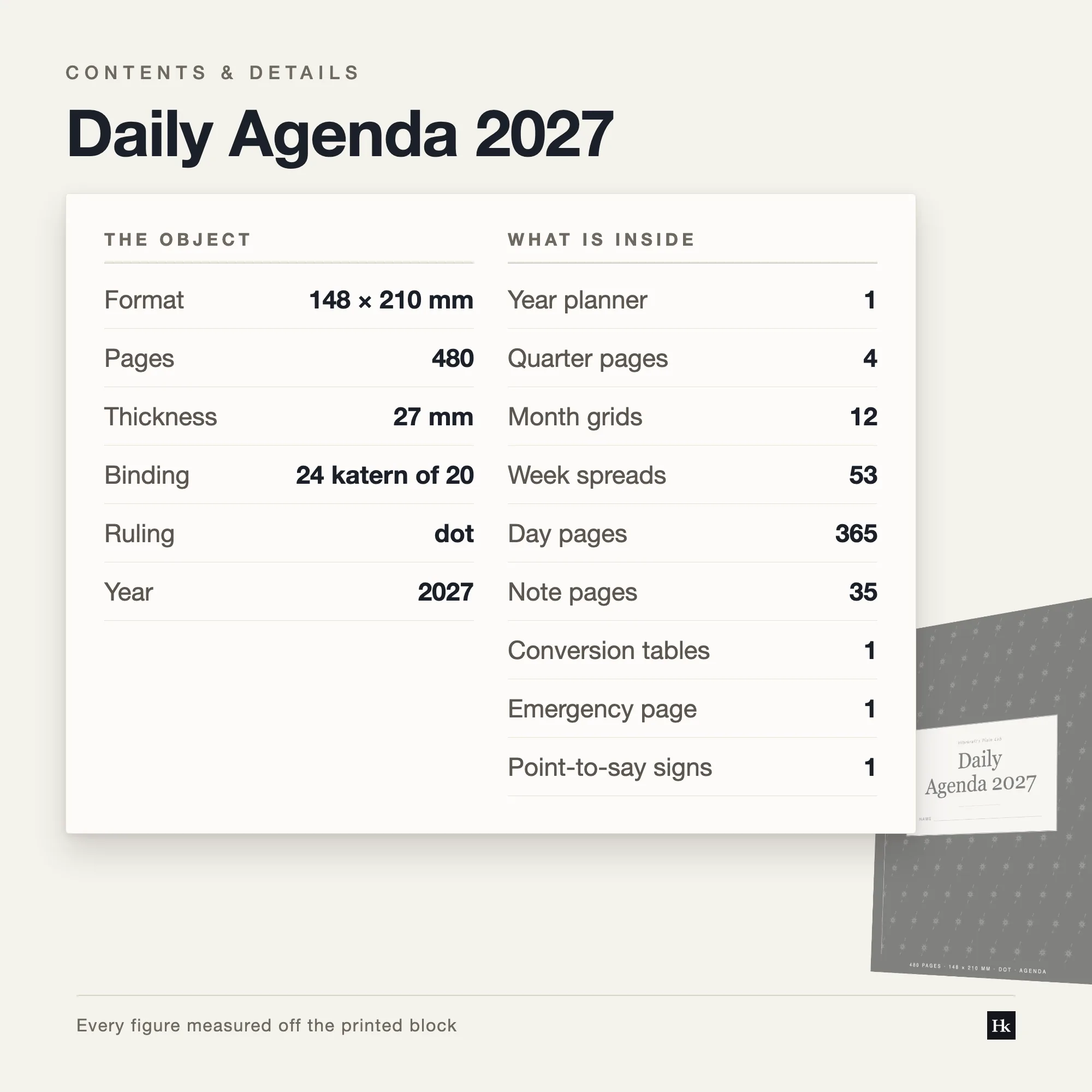 Specification card listing the Daily Agenda 2027 contents: 365 day pages, 53 week pages, 12 month grids, 4 quarter pages, 1 year page, 35 notes pages, 480 pages total, A5 trim.
