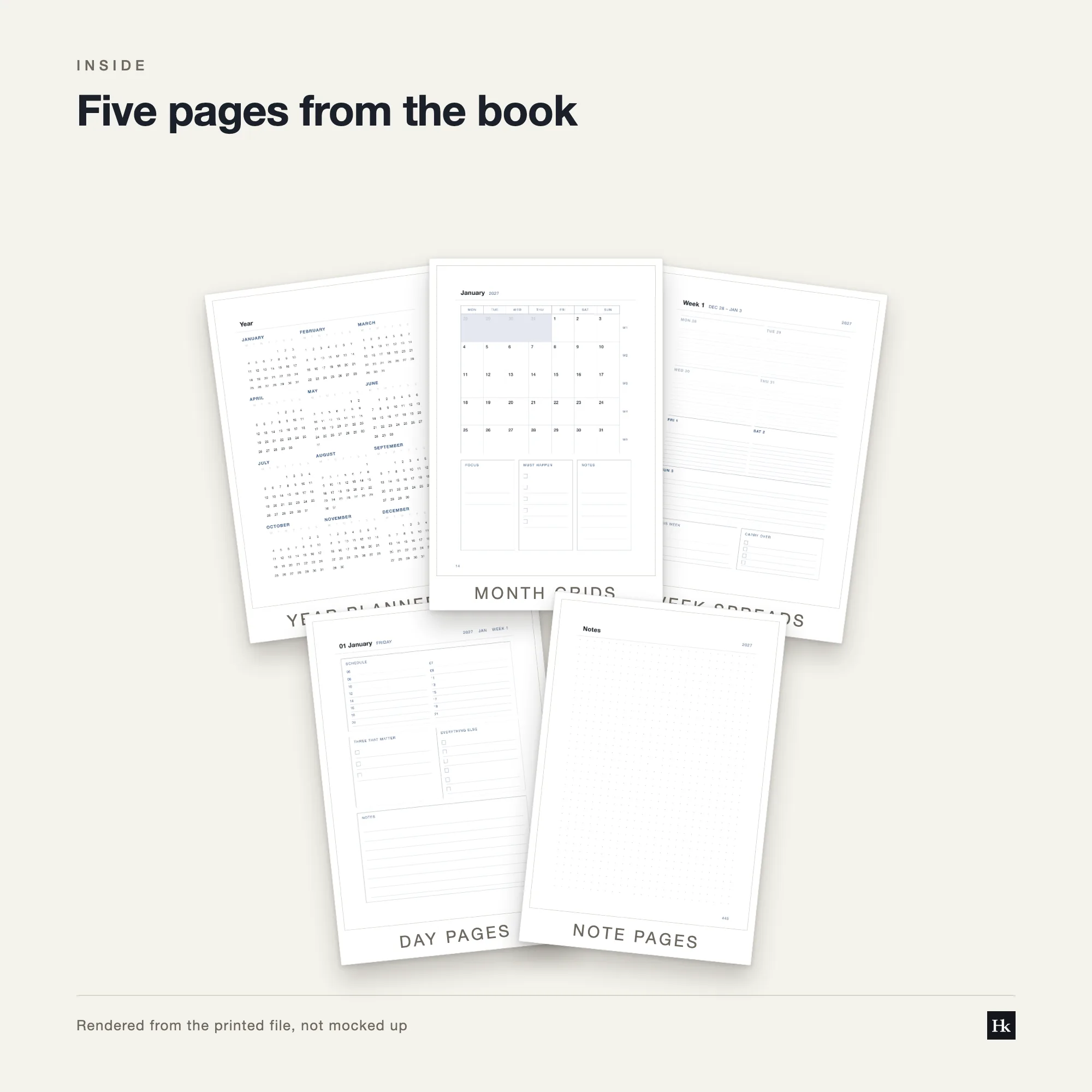 Five pages from the Daily Agenda 2027 laid out as cards: a day page, a week view, a month grid, a year overview, and a dotted notes page.
