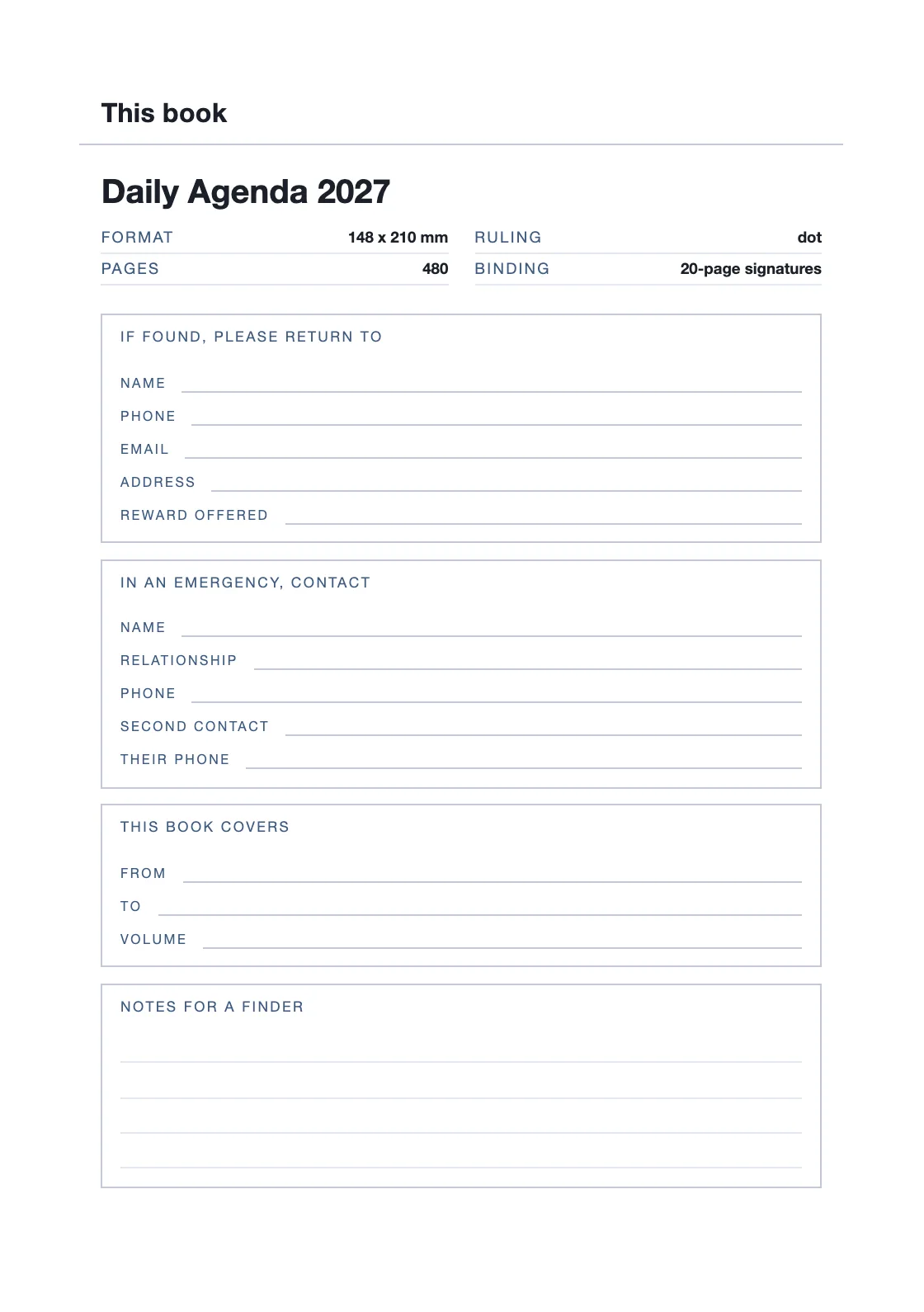 Satu halaman untuk nama dan nomor Anda, supaya buku yang hilang bisa kembali. — Daily Agenda 2027
