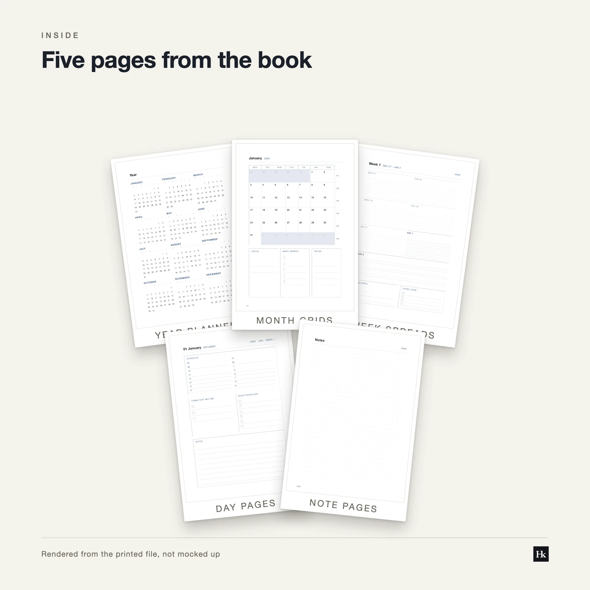 Five pages from the Daily Agenda 2028 laid out as cards: a day page, a week view, a month grid, a year overview, and a dotted notes page.