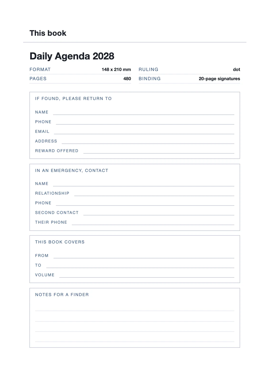 Satu halaman untuk nama dan nomor Anda, supaya buku yang hilang bisa kembali. — Daily Agenda 2028