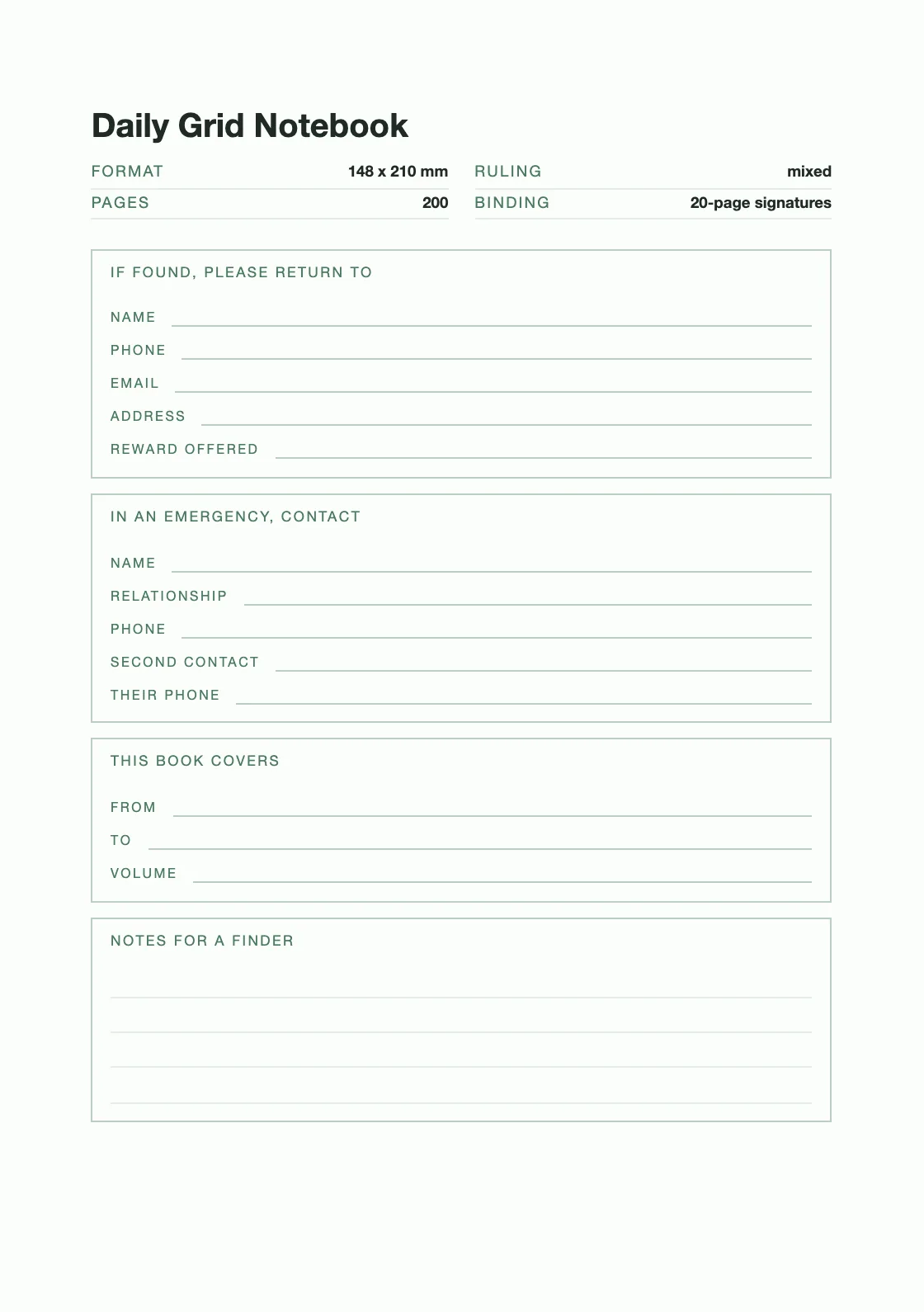 One page for your name and number, so a book that goes missing can come back. — Daily Grid Notebook