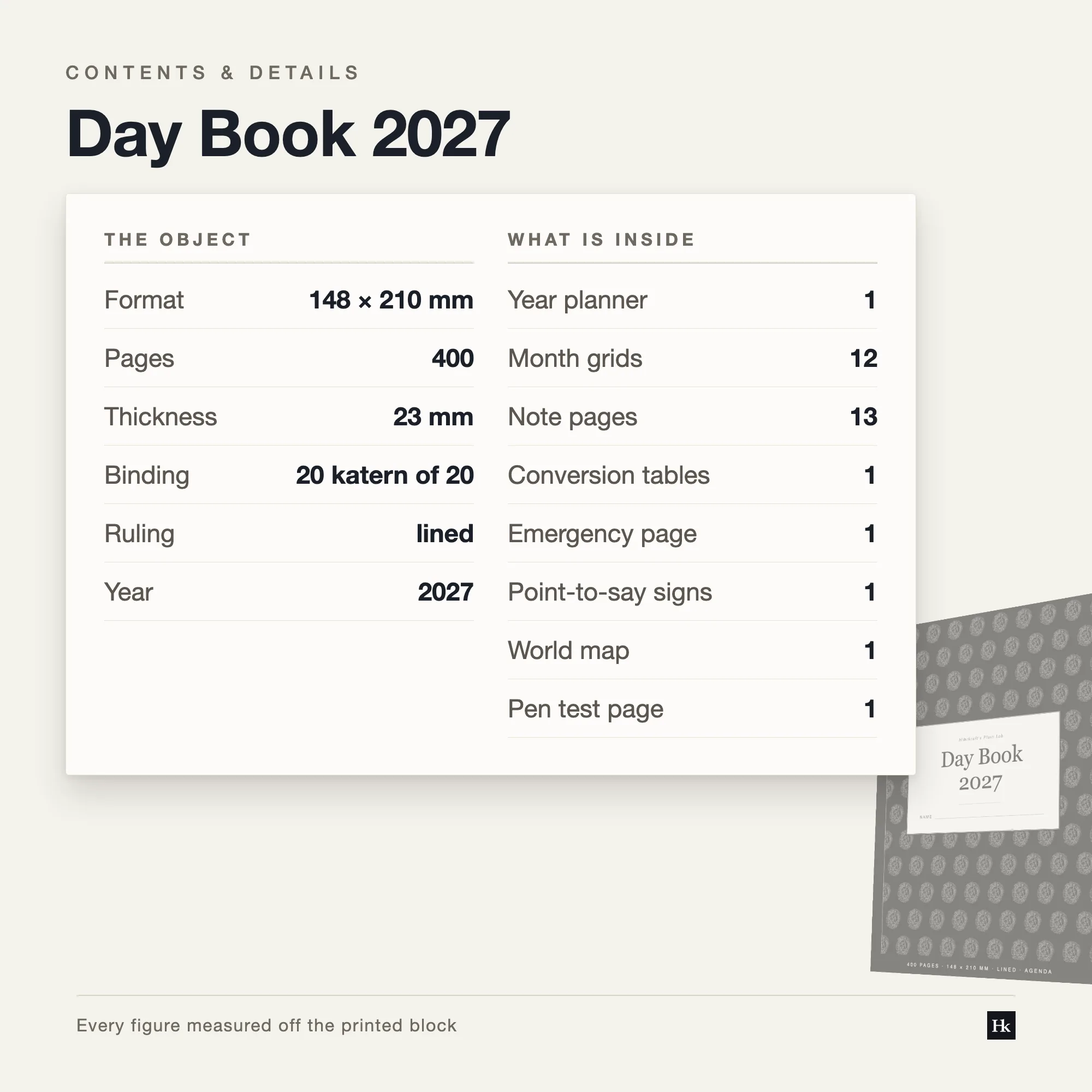 Specification card listing the Day Book contents: day pages, month spreads, notes pages, year page and reference section.