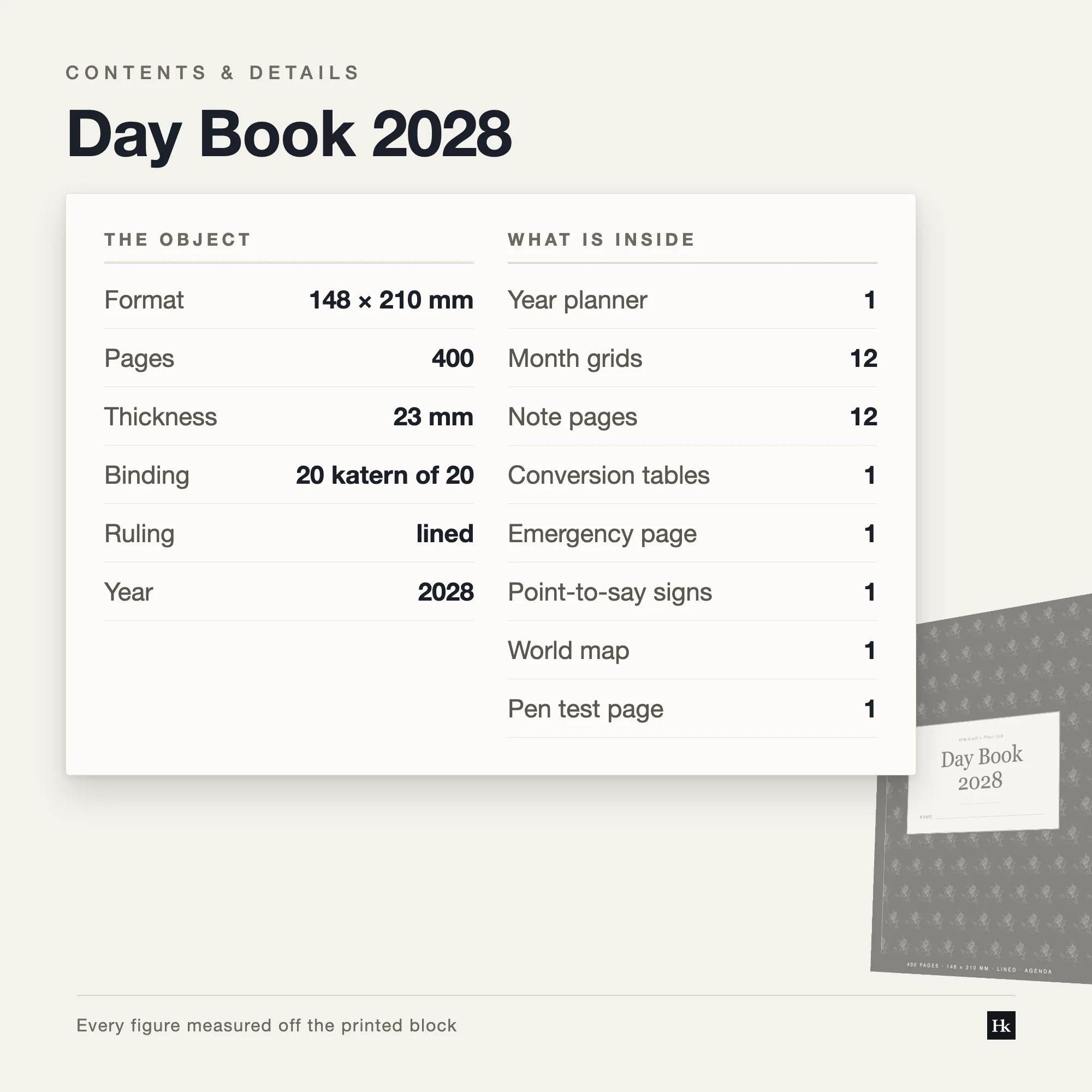 Specification card listing the Day Book contents: day pages, month spreads, notes pages, year page and reference section.