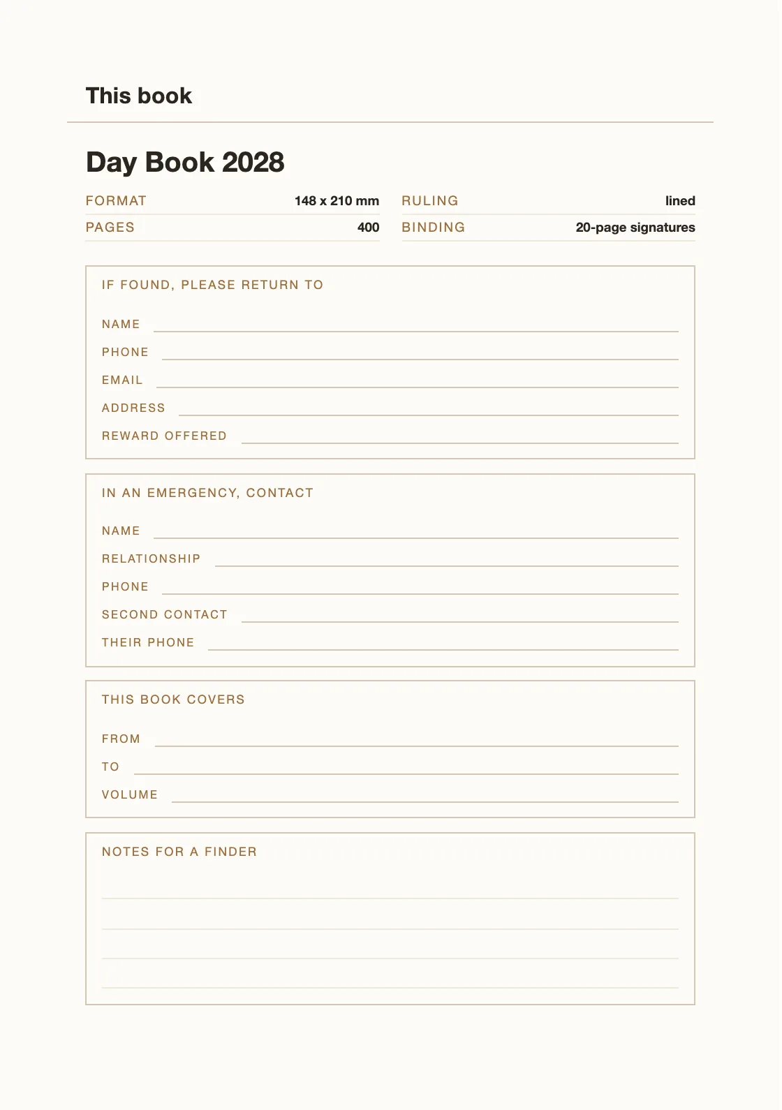 One page for your name and number, so a book that goes missing can come back. — Day Book 2028