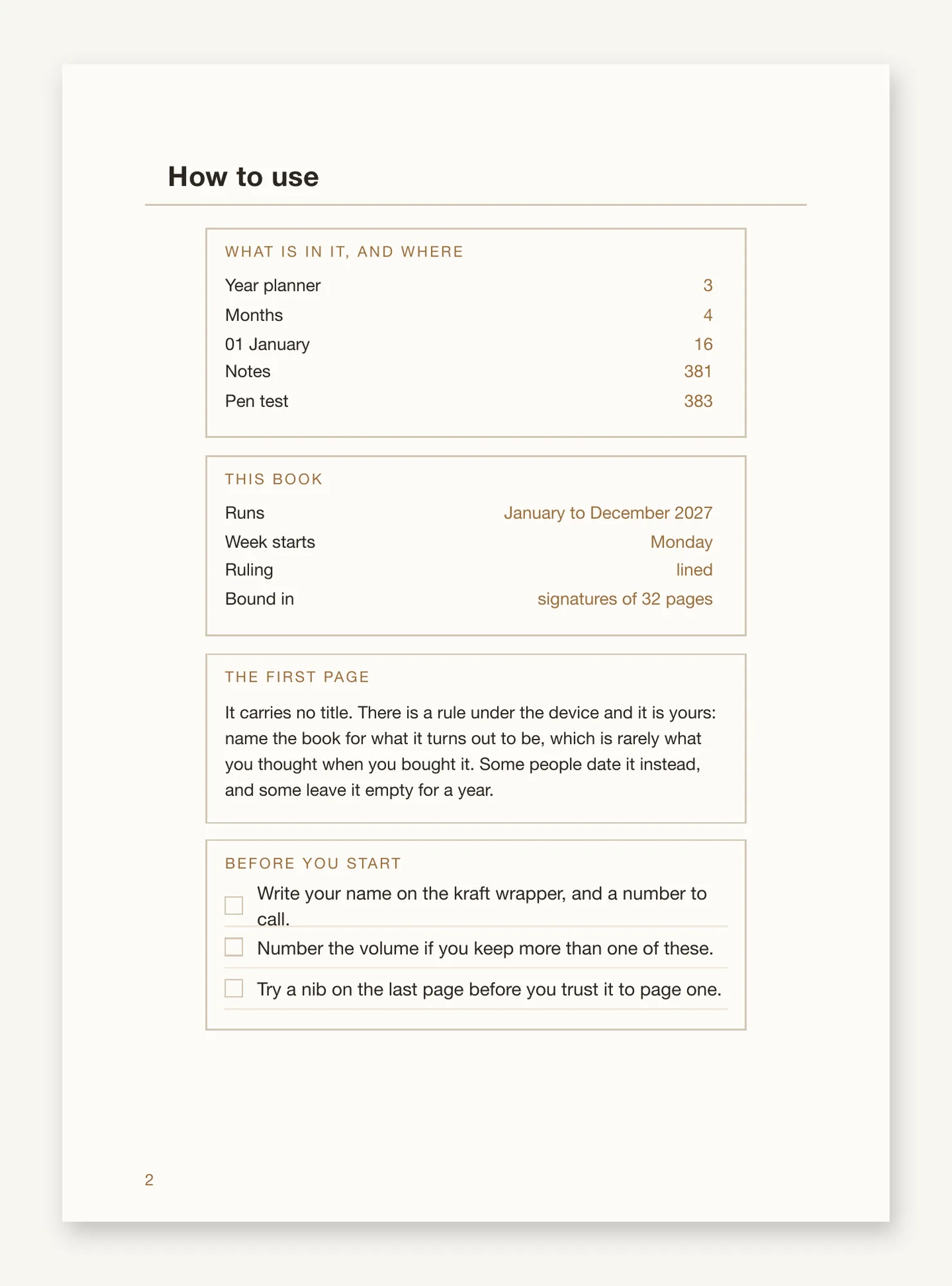 The front matter page, listing the month grids and the day pages with their starting points, the ruling and the signature count, and a checklist before you start.