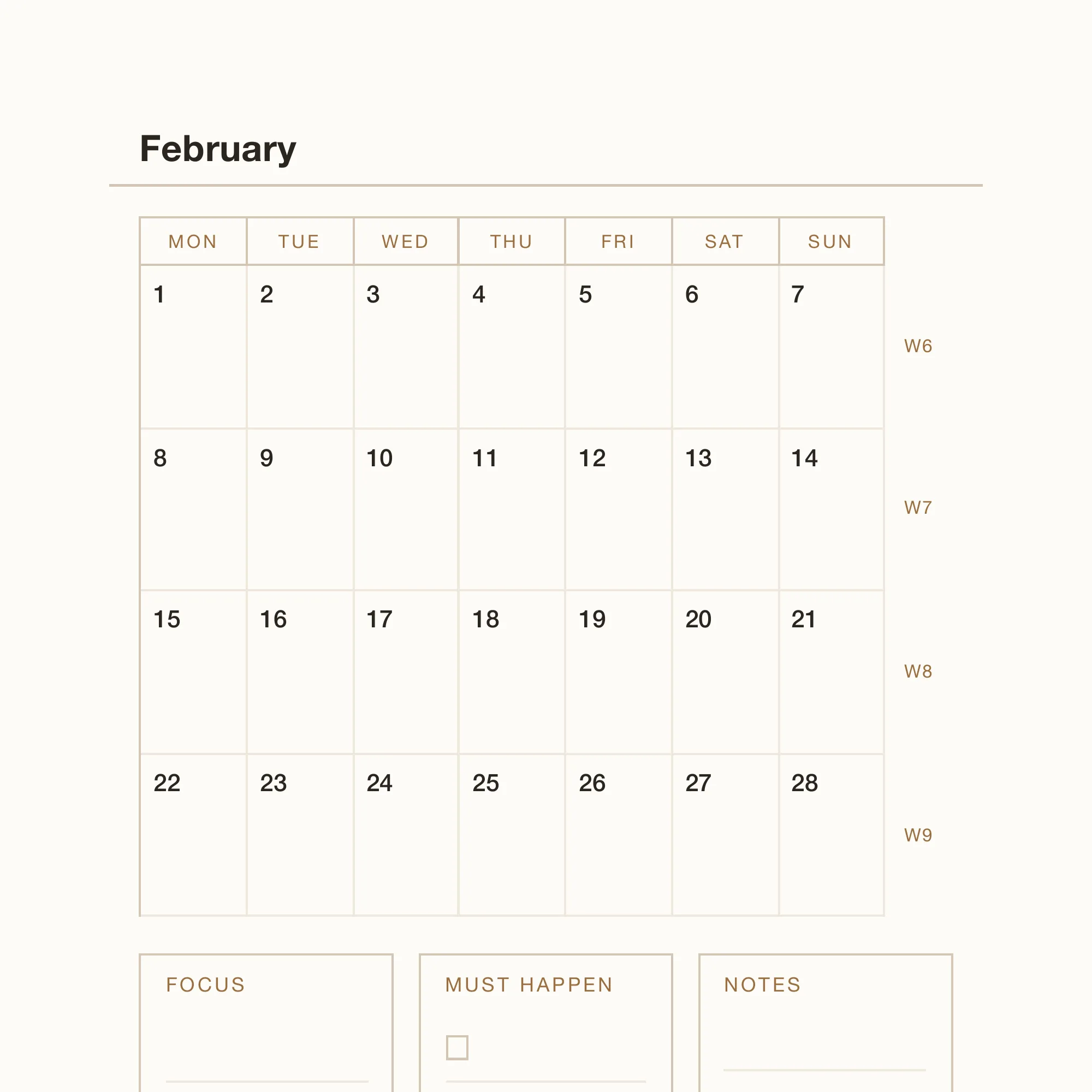 A close view of the ruled day pages that follow the month grids, the lines spaced six millimetres apart.