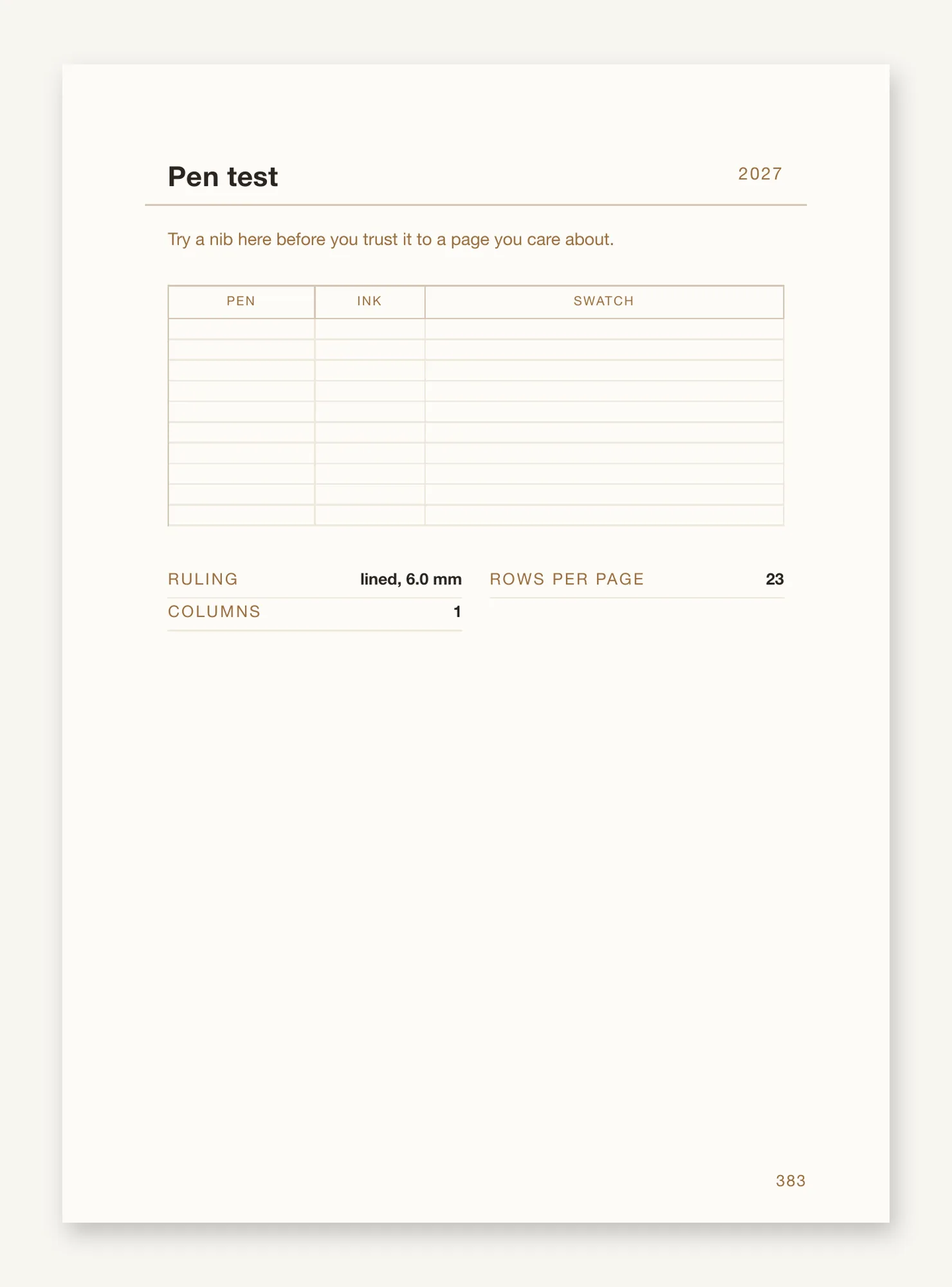 The pen-test leaf with its pen, ink and swatch table, and the printed figures: lined, 6.0 mm, 23 rows per page, one column.