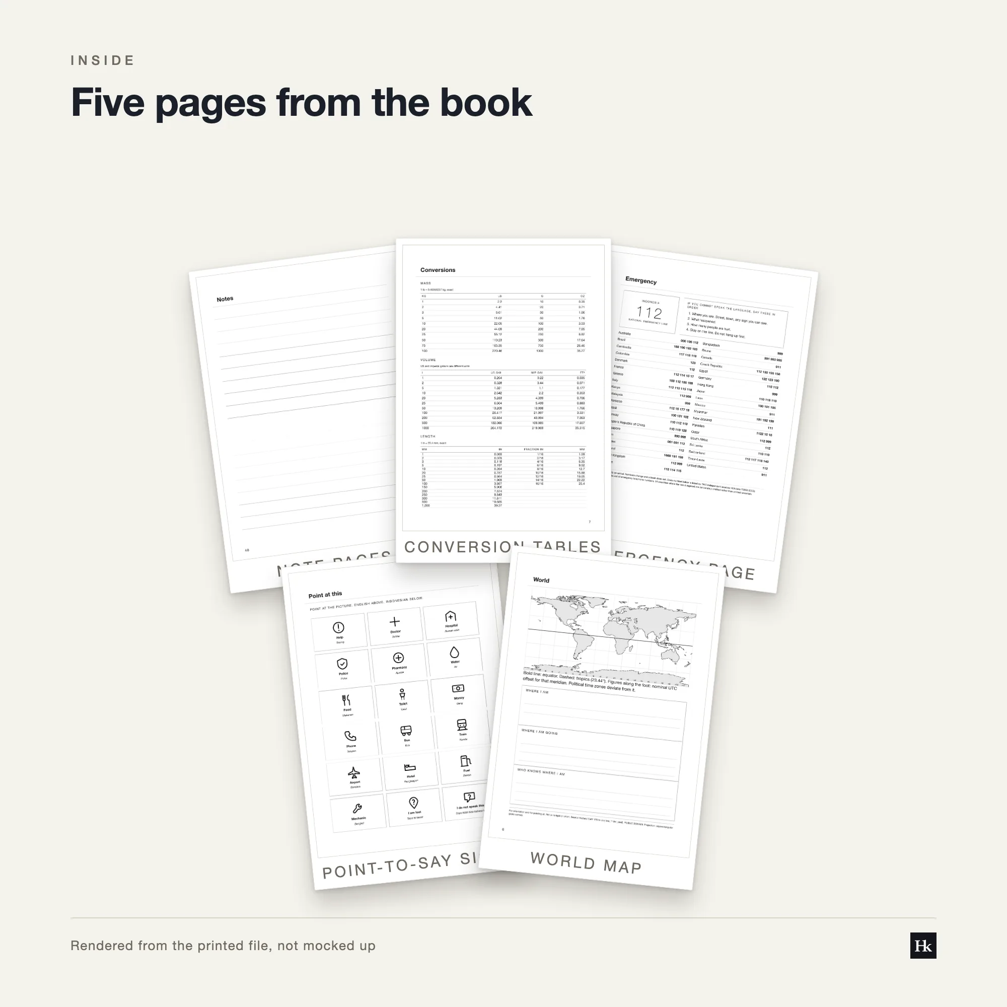 Five pages from the Debt Payoff Planner laid out as cards: a debt-log page, a section divider, a lined notes page, a reflection page, and a reference table page.