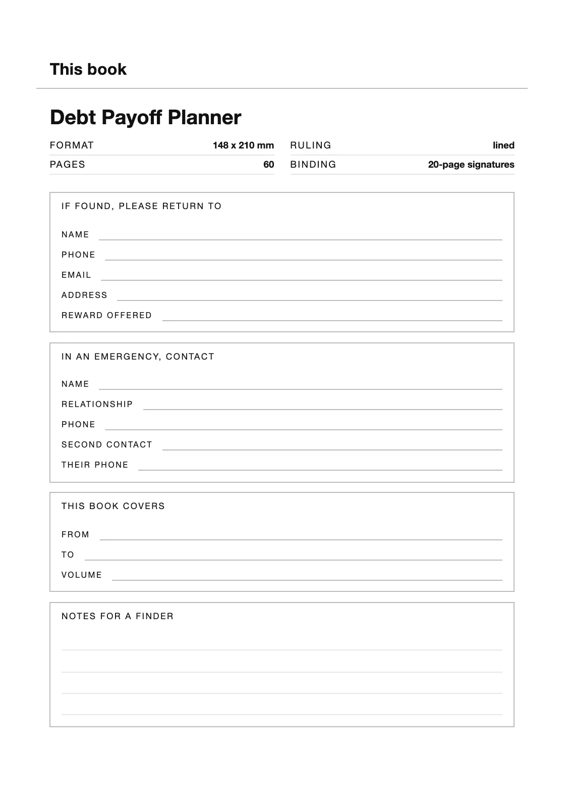 One page for your name and number, so a book that goes missing can come back. — Debt Payoff Planner