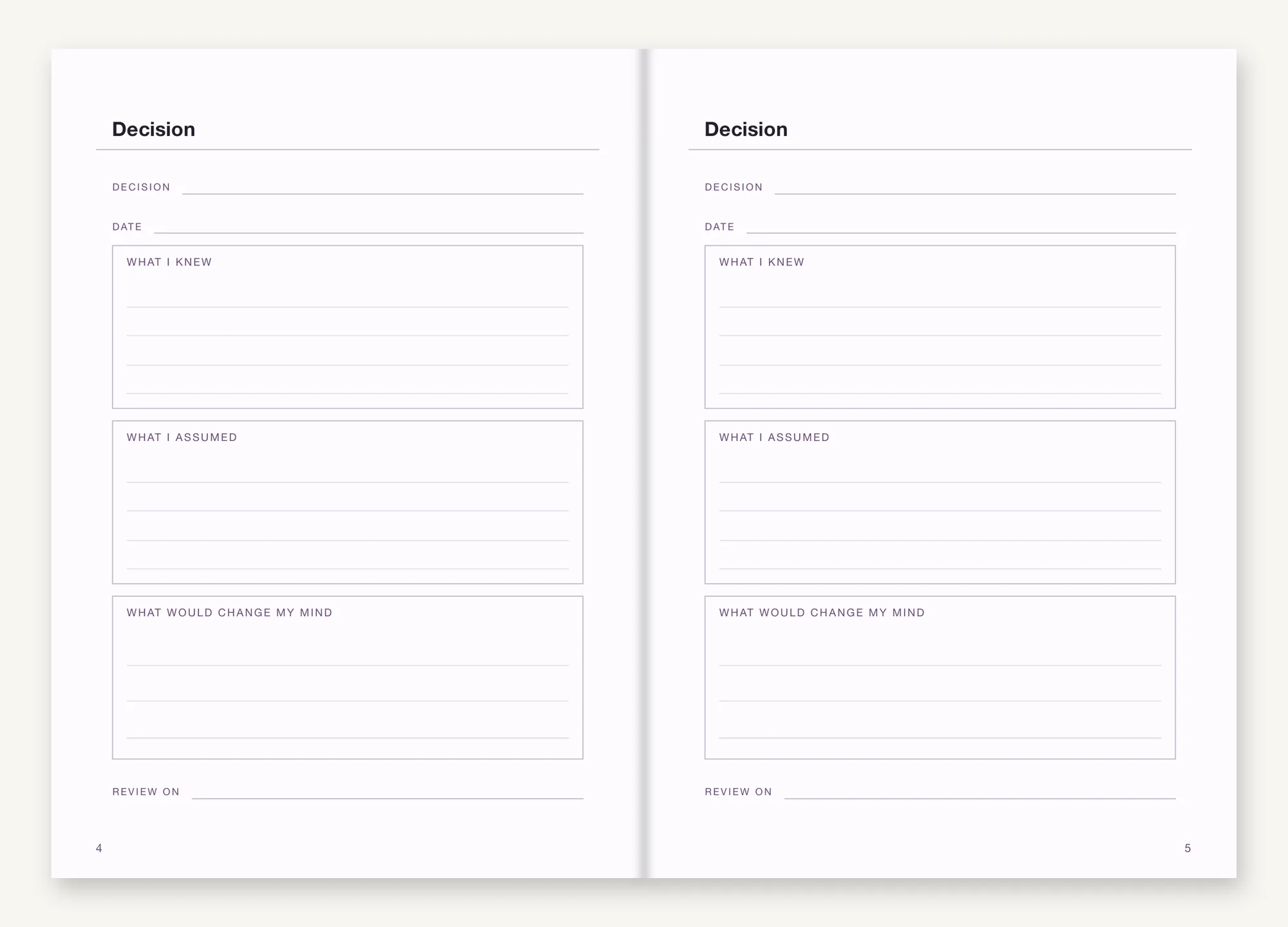 An opening of Decision Insert: two facing pages headed Decision, each with a rule for the decision itself and the date, then boxed areas for what I knew, what I assumed, and what would change my mind, closing with a line for a review date.