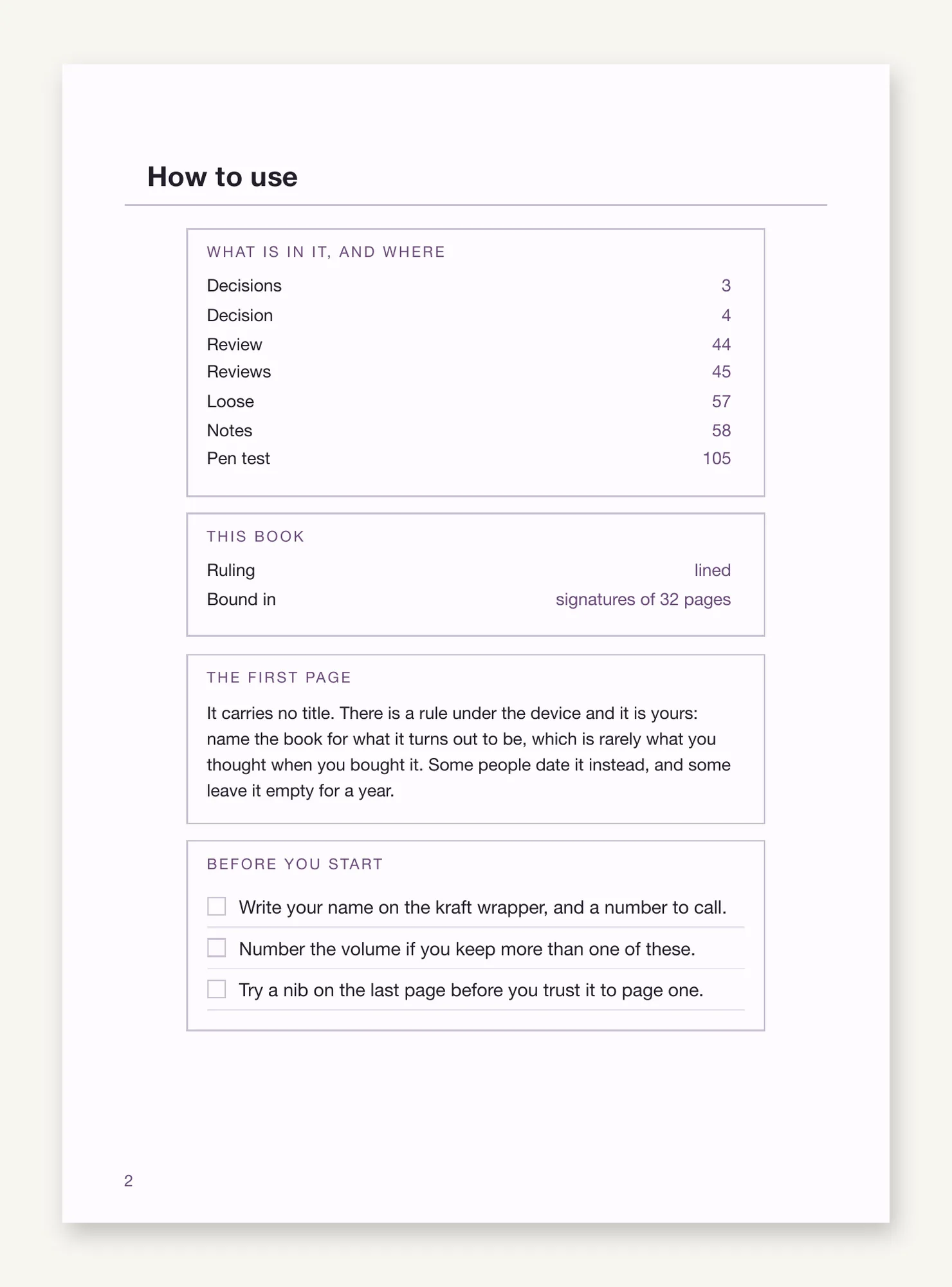 The front matter page, giving the decision records and the notes section with their starting pages, the ruling and the signature count, then a short checklist.