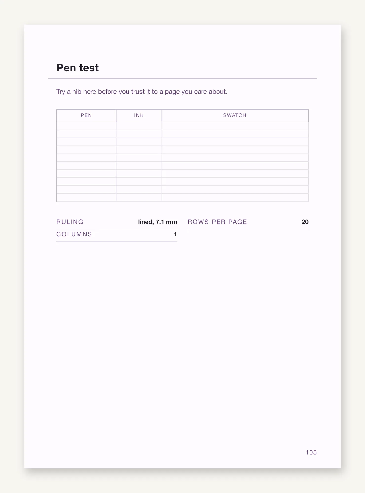 The pen-test leaf with its pen, ink and swatch table, and the printed figures: lined, 7.1 mm, 20 rows per page, one column.