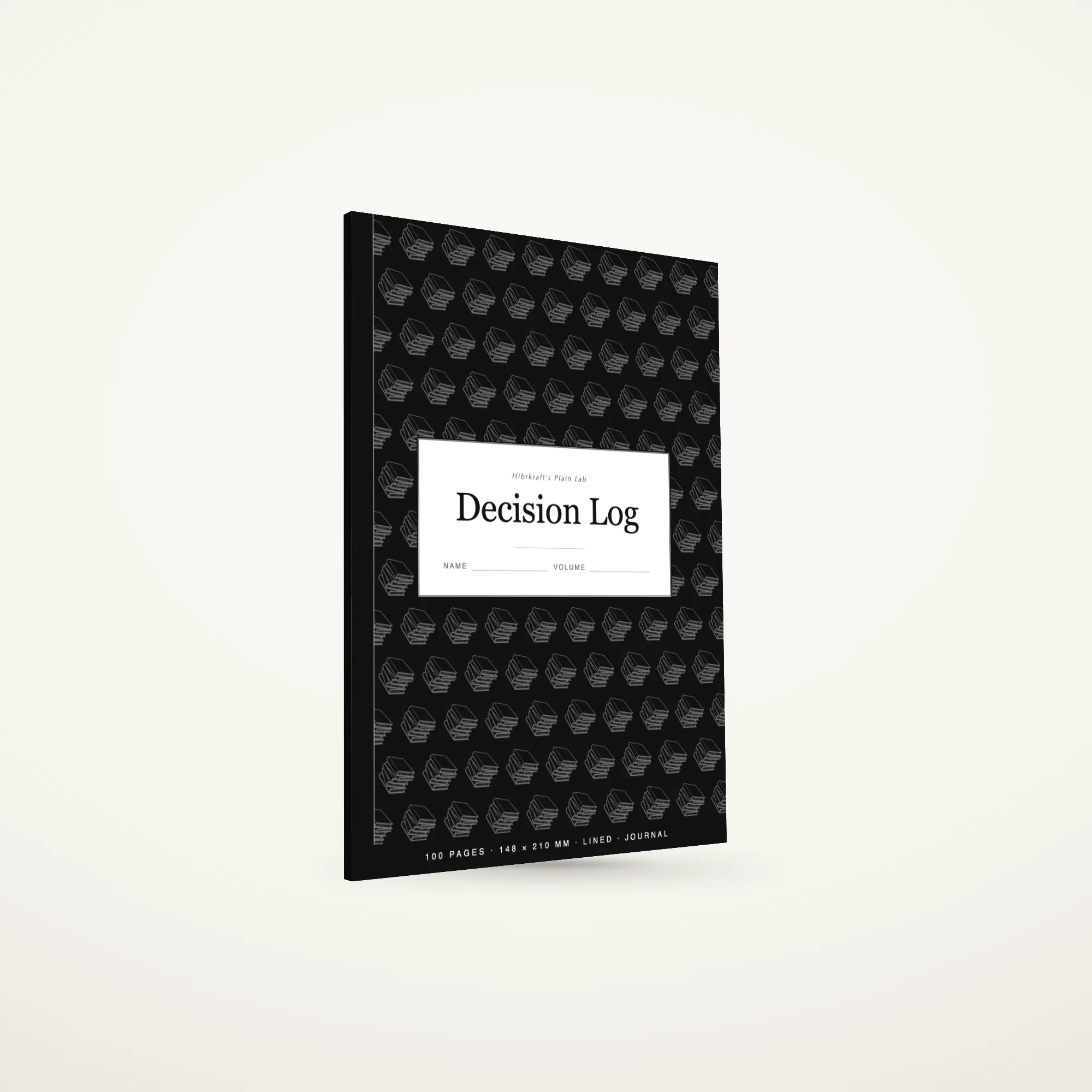 Closed a5 Decision Log standing on a plain surface, a tiled illustration field on the cover, a cream label plate near the middle, a narrow binding strip down the spine.
