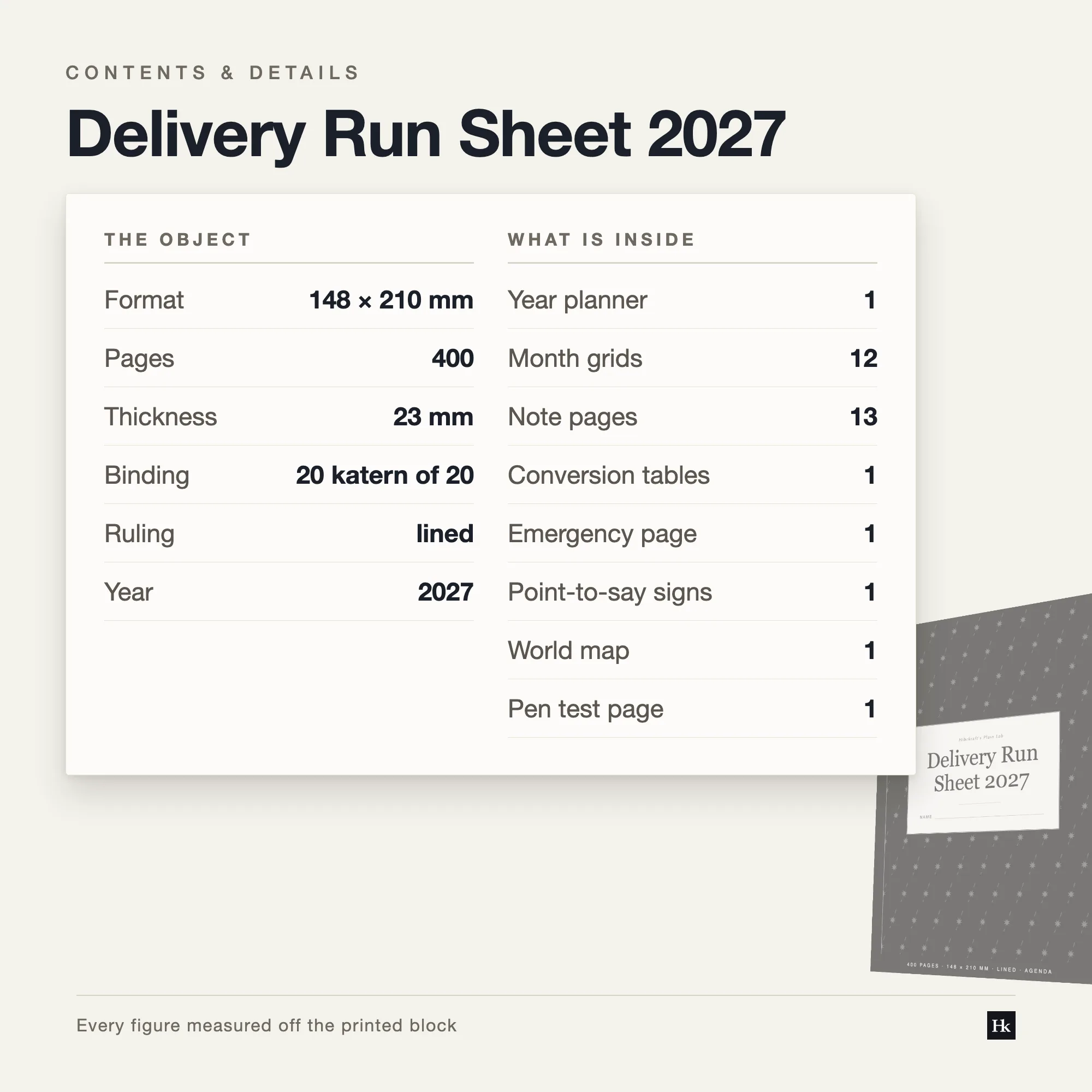 Specification card for the Delivery Run Sheet 2027: runsheet, month, notes and reference pages, four hundred pages total, A5, twenty signatures of twenty.