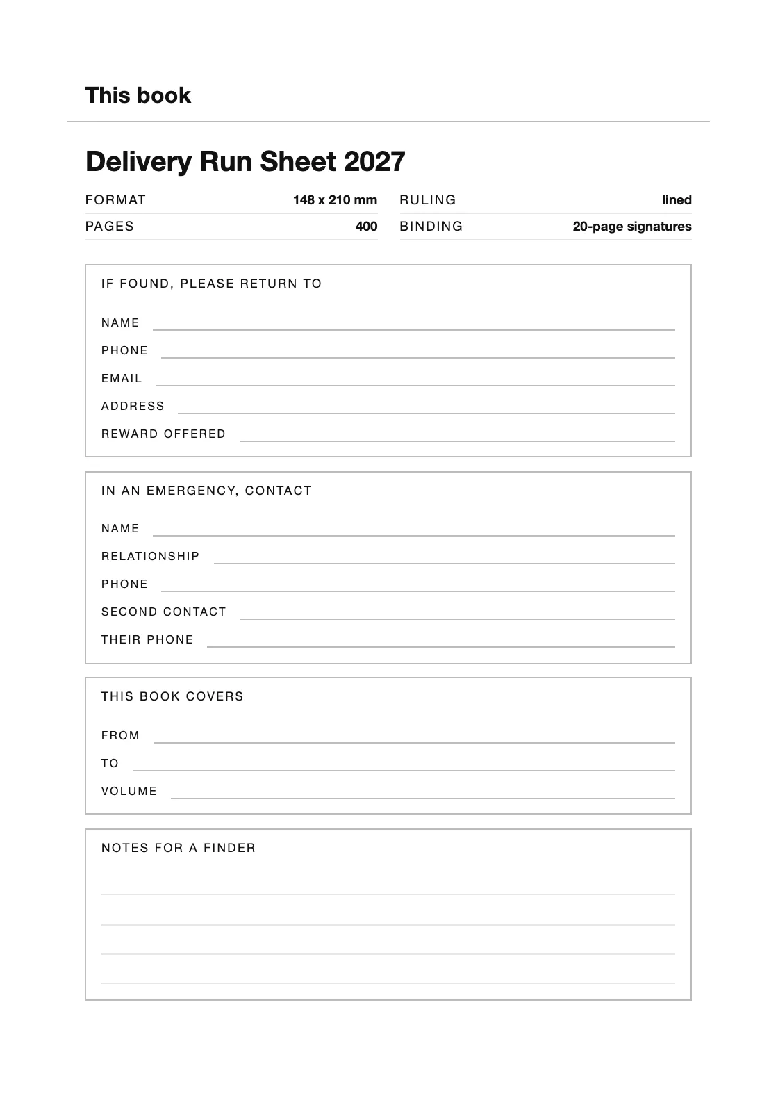 Uma página para o seu nome e número, para que um livro perdido possa voltar. — Delivery Run Sheet 2027