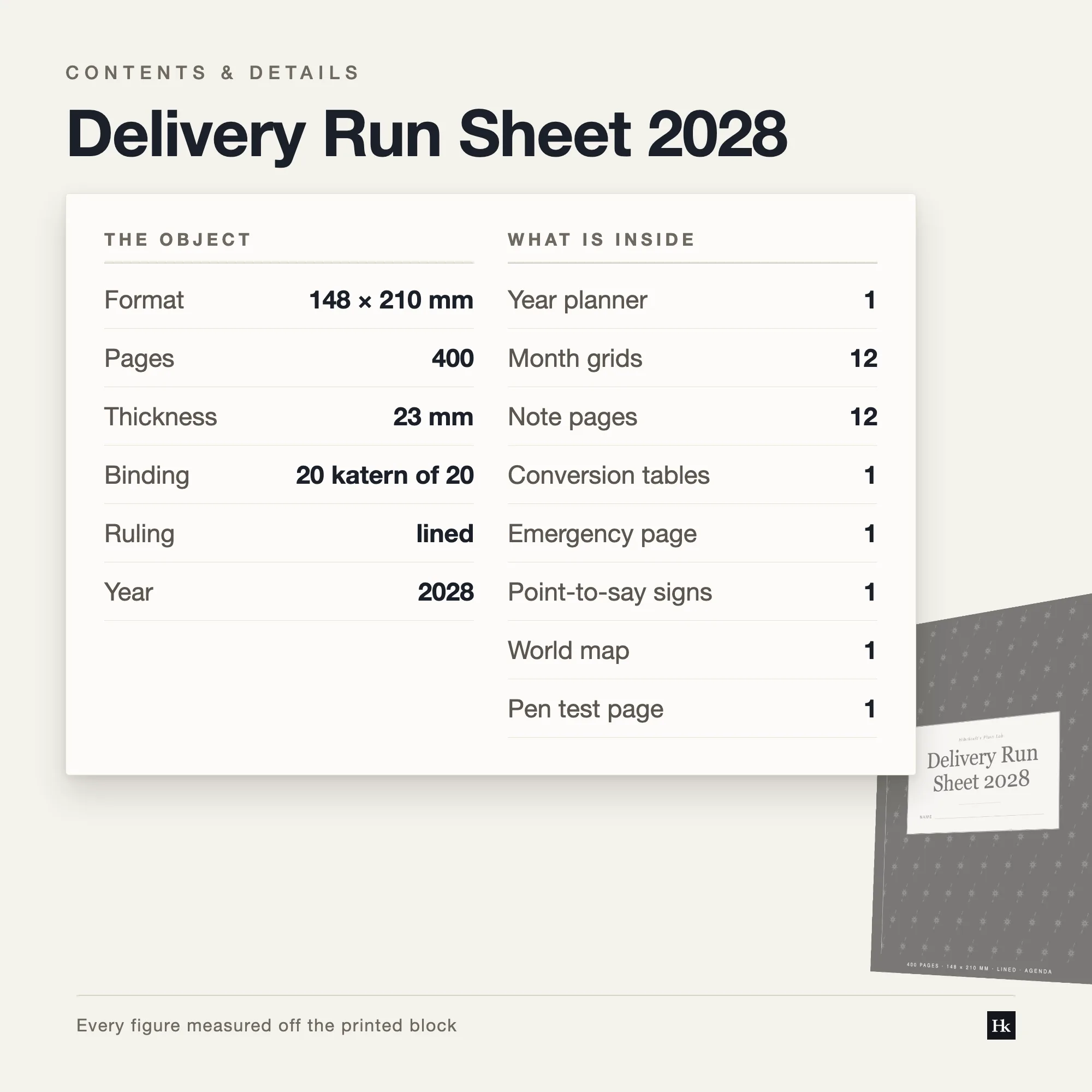 Specification card for the Delivery Run Sheet 2028: runsheet, month, notes and reference pages, four hundred pages total, A5, twenty signatures of twenty.