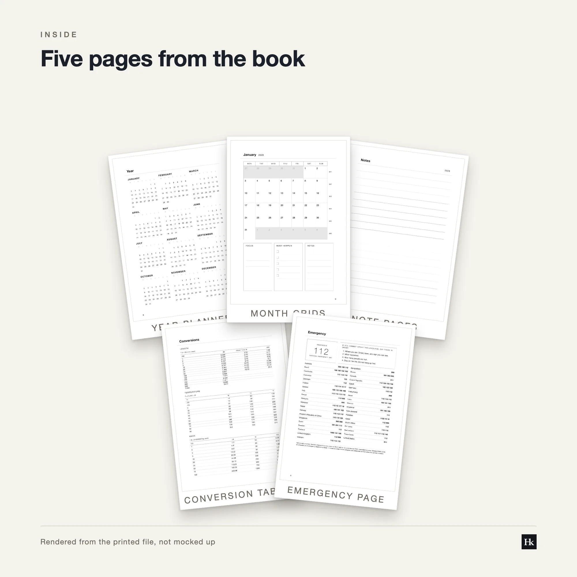 Five pages from the Delivery Run Sheet 2028 laid out as cards: a lined runsheet day page, a month divider, a lined notes page, a year-at-a-glance page, and a reference table.
