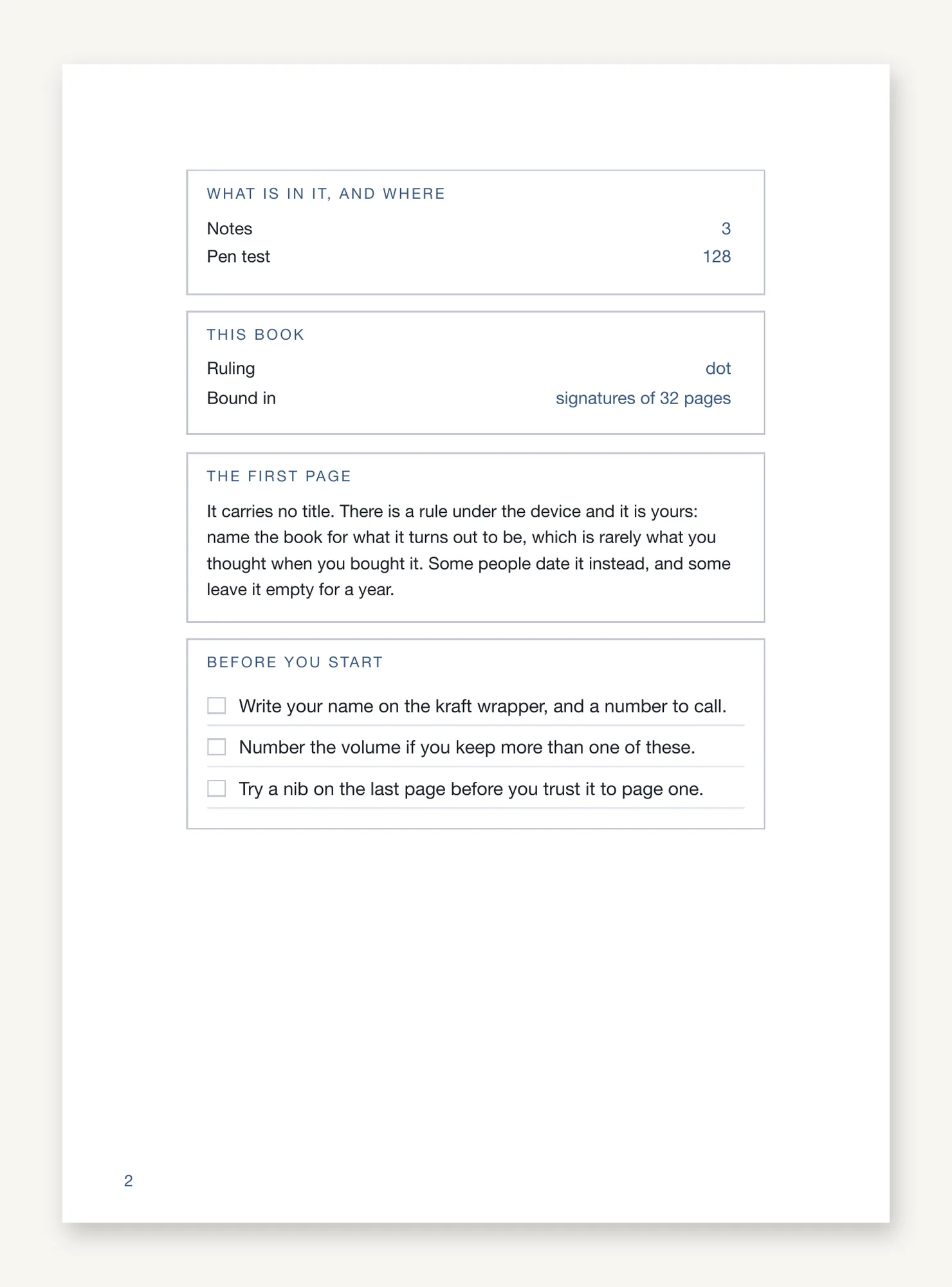 The front matter page, giving the contents and their pages, naming the ruling as dot and the binding as signatures of 32 pages, then a checklist before you begin.