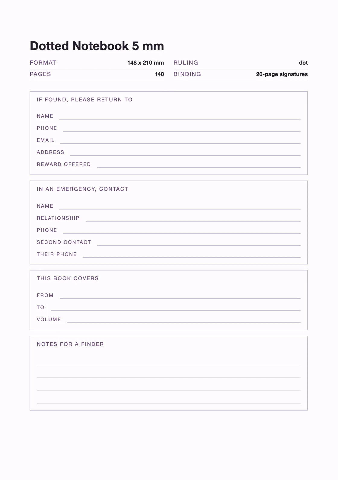 One page for your name and number, so a book that goes missing can come back. — Dotted Notebook 5 mm
