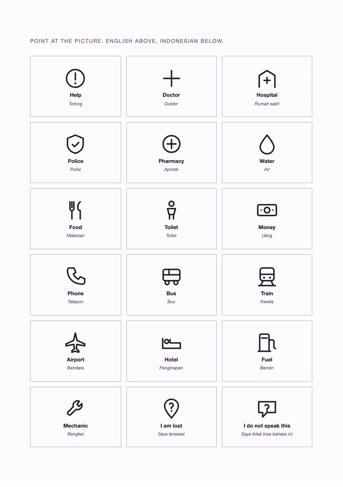 A pictogram grid captioned in English above and Indonesian below, for when there is no shared language. — Dotted Notebook 5 mm
