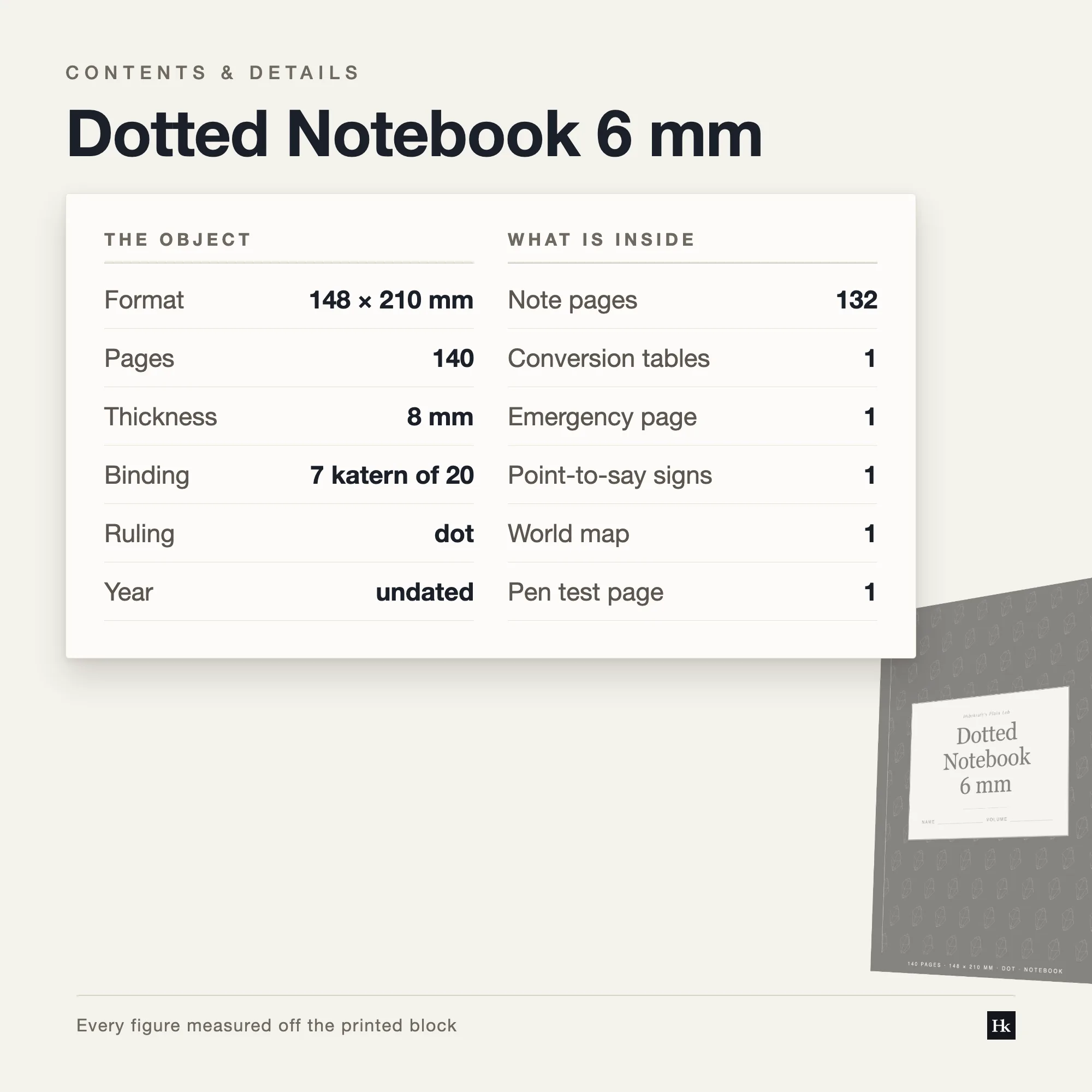 Specification card for the Dotted Notebook 6 mm listing 132 dotted pages, 6.0 mm lattice, 30 rows, 140 pages total, A5 trim.