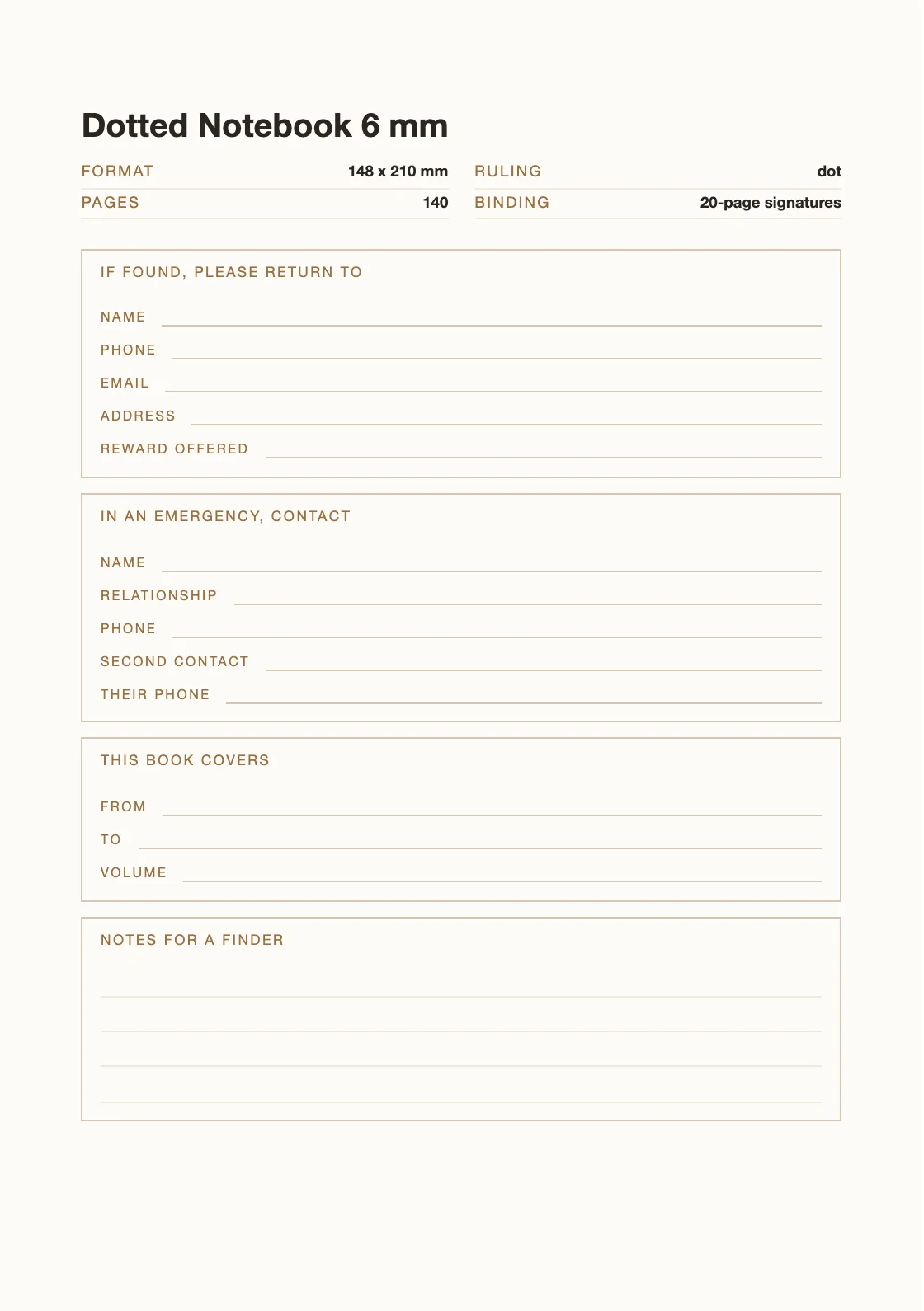Satu halaman untuk nama dan nomor Anda, supaya buku yang hilang bisa kembali. — Dotted Notebook 6 mm