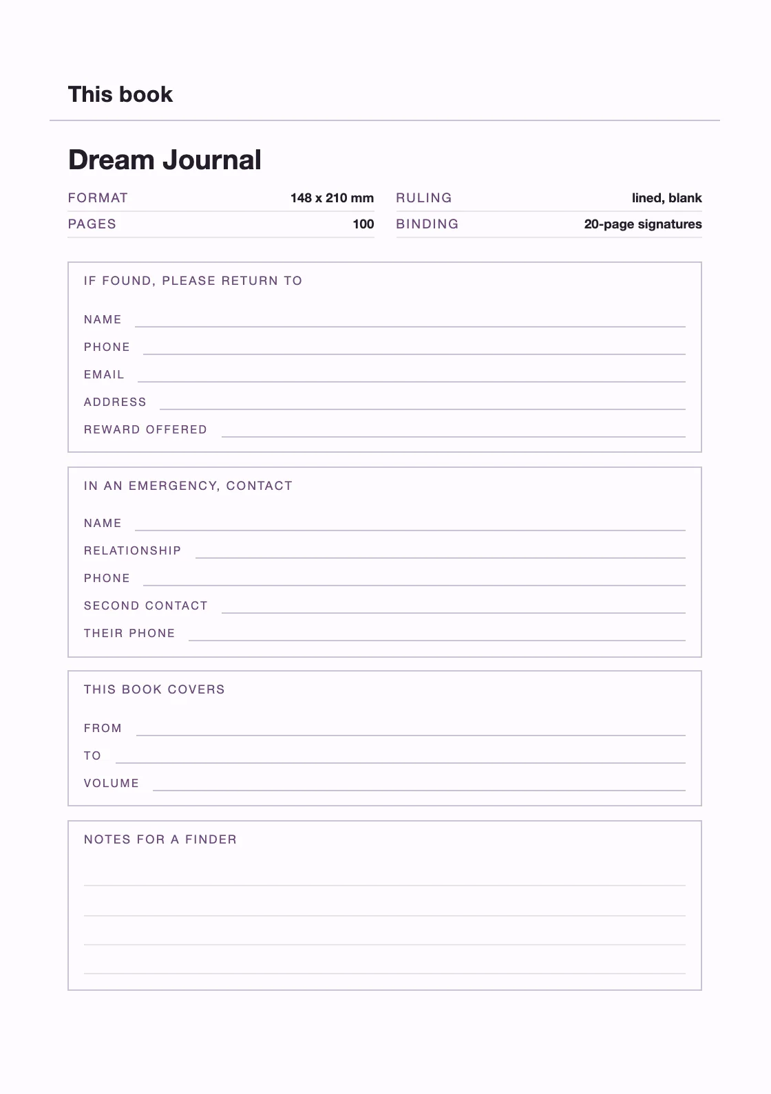 One page for your name and number, so a book that goes missing can come back. — Dream Journal